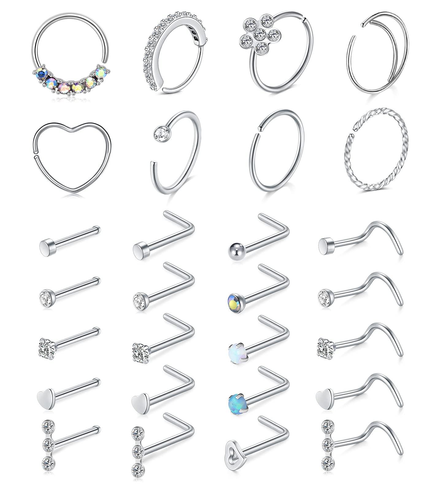 Mayhoop 20g Stainless Steel Nose Rings Hoop L Shape Nose Studs Nose Screw Bone Silver Rose Gold Black Rainbow Pack for Women Men 28Pcs