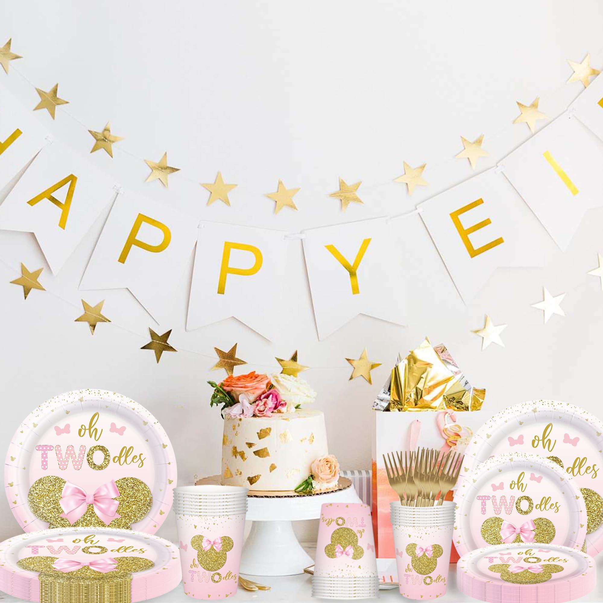 168pcs Oh Twodles Birthday Decorations Girls 2nd Plates Napkins Pink Mouse Party Supplies Two Years Old Paper Tableware Set Disposable Birthday Party Dinnerware Kids Serve 24 Guests - Image 2