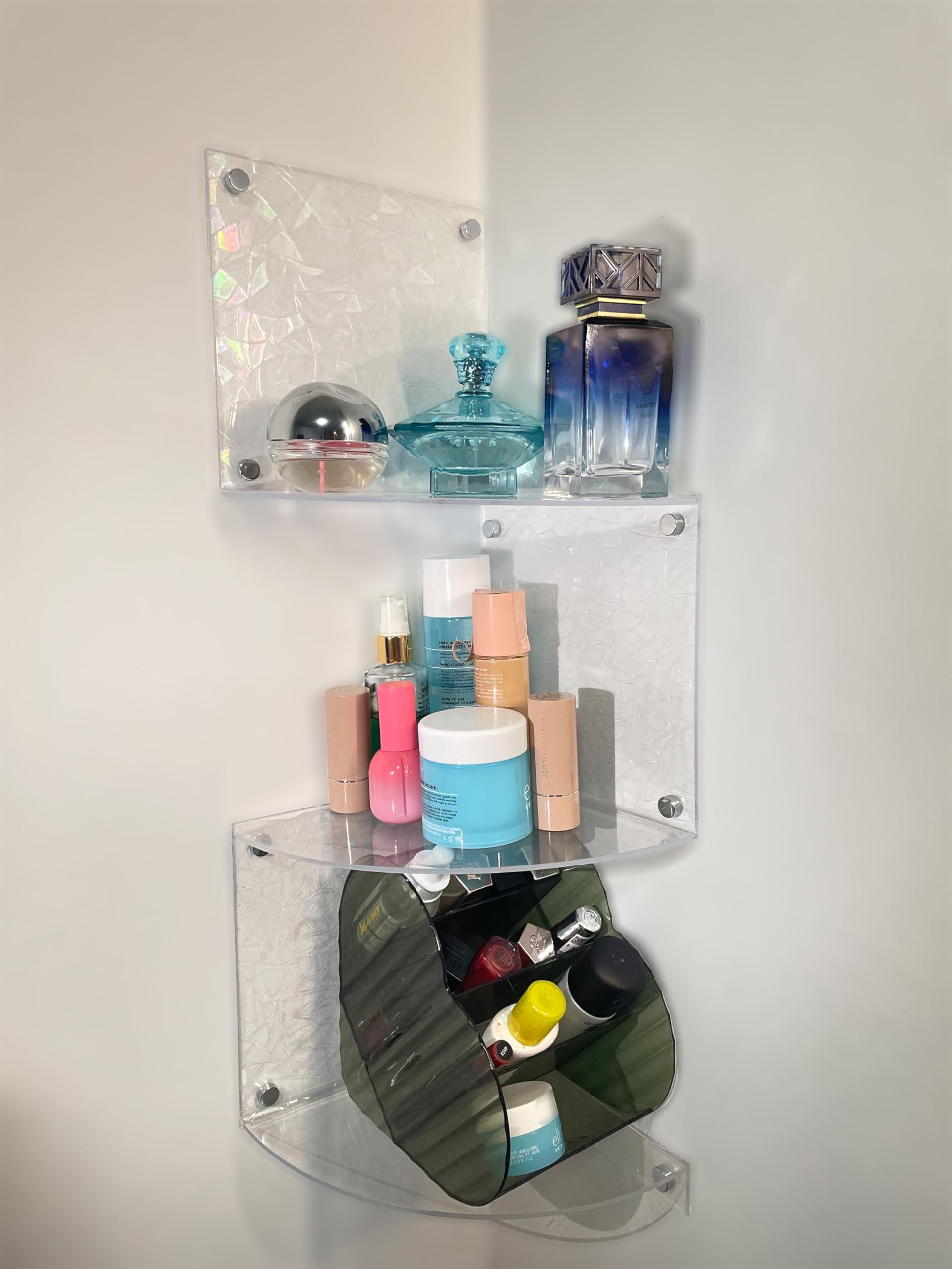 3 Tier Shelf Wall Mount Floating Acrylic Corner Shelves Easy to Assemble Corner Bookshelf, Plant Shelf Wall Organizer Storage for Bedroom, Bathroom, Kitchen, Office, Living Room(Clear)