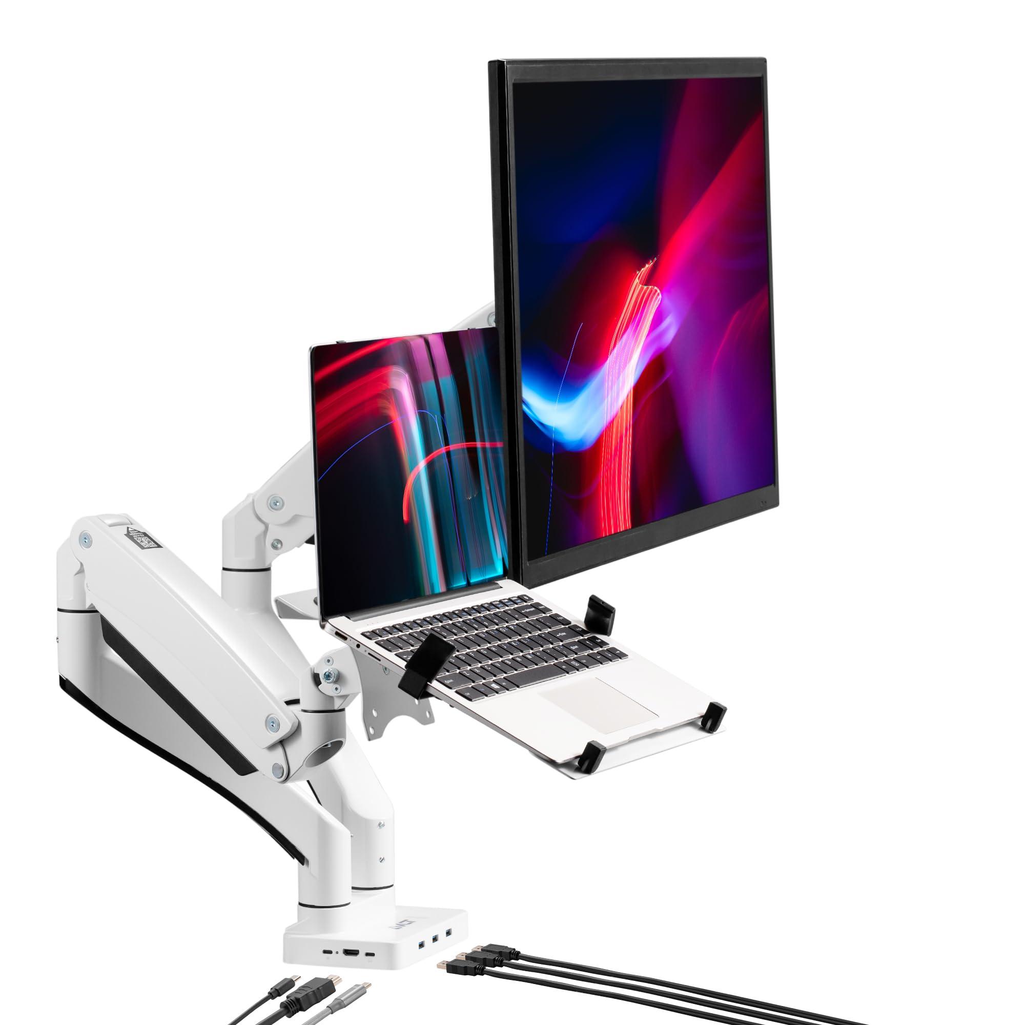 AVLT Dual 17”-43" Monitor Arm Desk Mount with 15" Laptop Tray and USB-C Docking Station, HDMI 4K60Hz, USB-A 5Gbps, Ethernet, 100W PD, Fits Two Flat/Curved Monitor - White