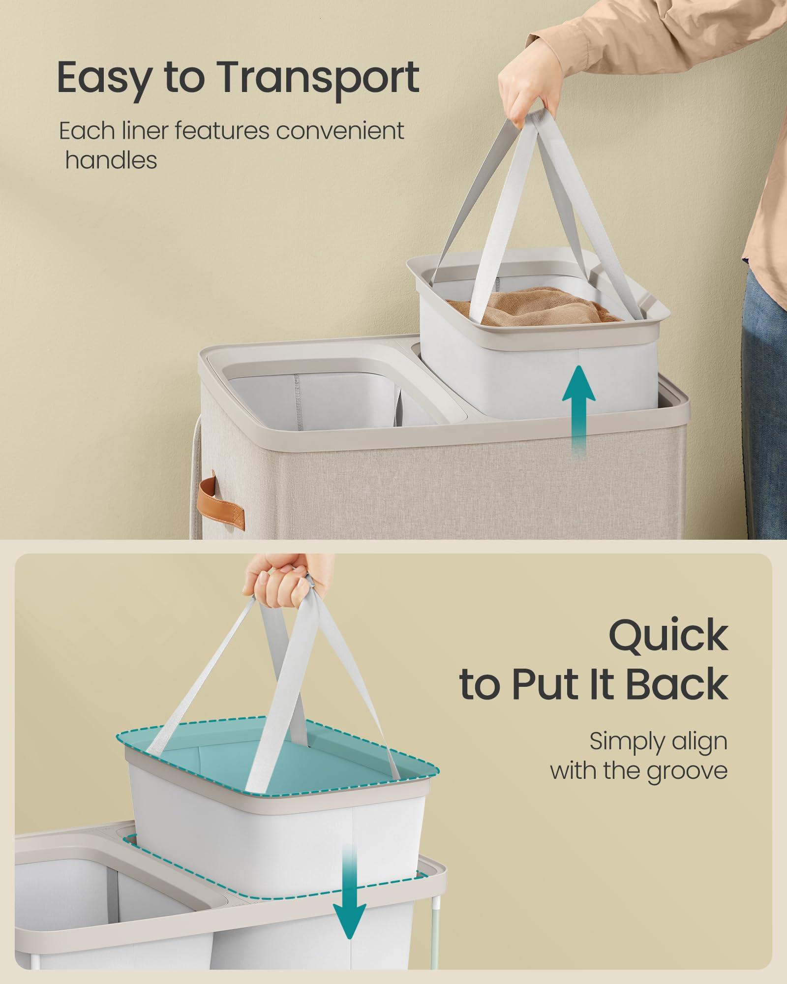 SONGMICS Laundry Basket, 44.9 Gal. Laundry Hamper, 2 Compartments, Easy Assembly, with Lid and Handles, Removable Inner Bags, 22 x 15.7 x 29.5 Inches, Cappuccino Beige ULCB813L01 - Image 6