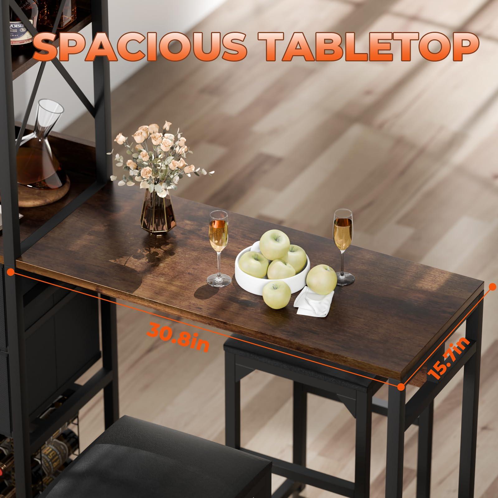 6-Tier Bar Table and Chairs Set, Metal Coffee Bar with Storage Shelves And 2 fabric Drawers, Dining Table Cup Holder & Wine Rack, Kitchen Table Set with PU Leather Cushion Stools for Small Space - Image 2