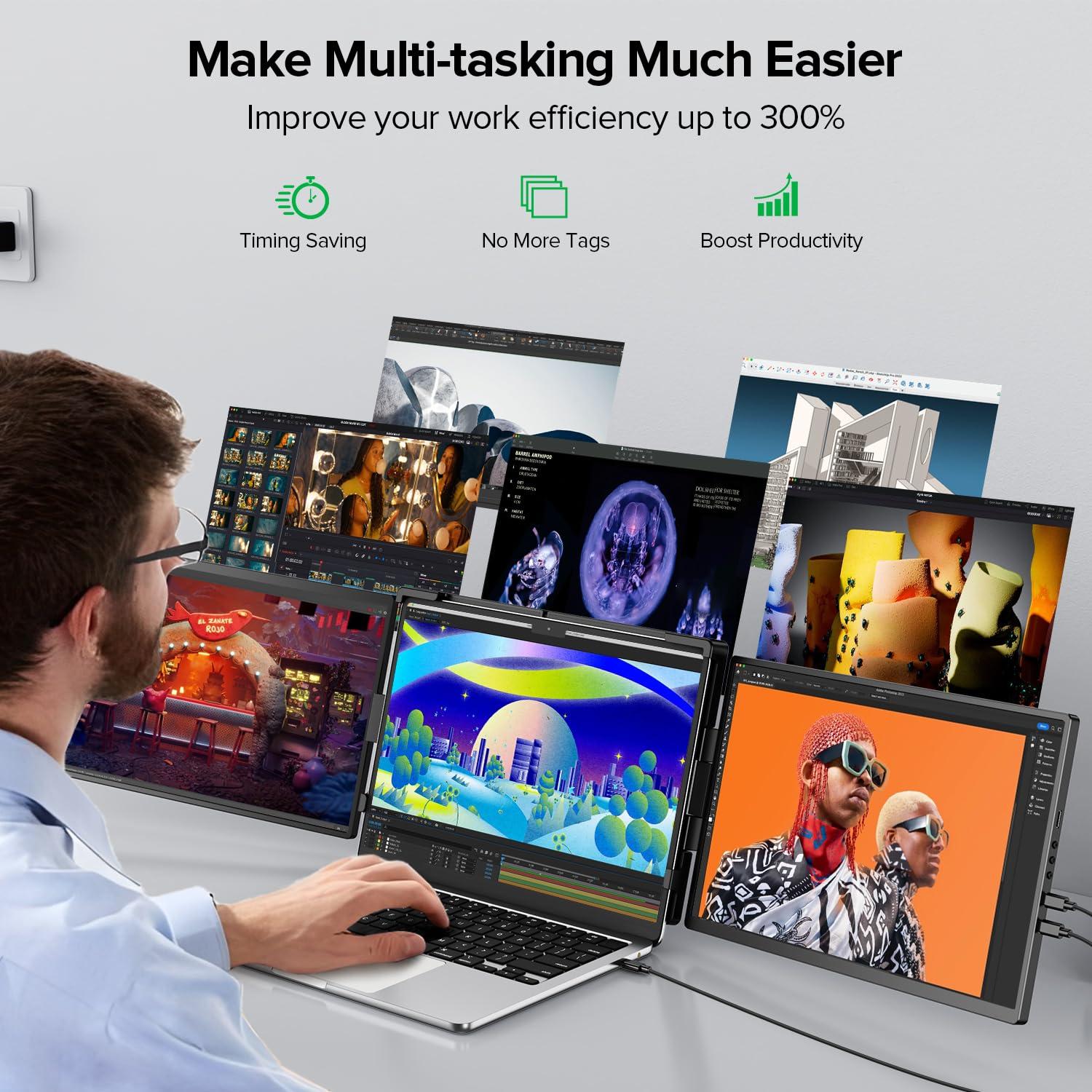 UPERFECT Laptop Screen Extender, 2K 14" 360° Patented Unique Swivel Hinge Triple Monitor, 2240x1400 QHD IPS Portable Dual Monitor for 13.3"-17.3'' Laptops, Plug & Play with Mac, Wins, Android - Image 3