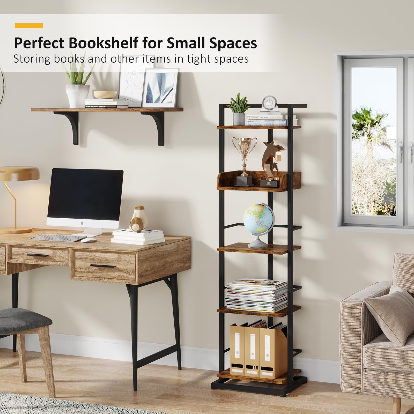 Hosfais Book Shelf Narrow Bookshelf: 5 Tier Wood Bookcase with Metal Edge Protection Industrial Modern Bookshelf Book Storage Organizer for Living Room Bedroom Home Office (Rustic Brown) - Image 6