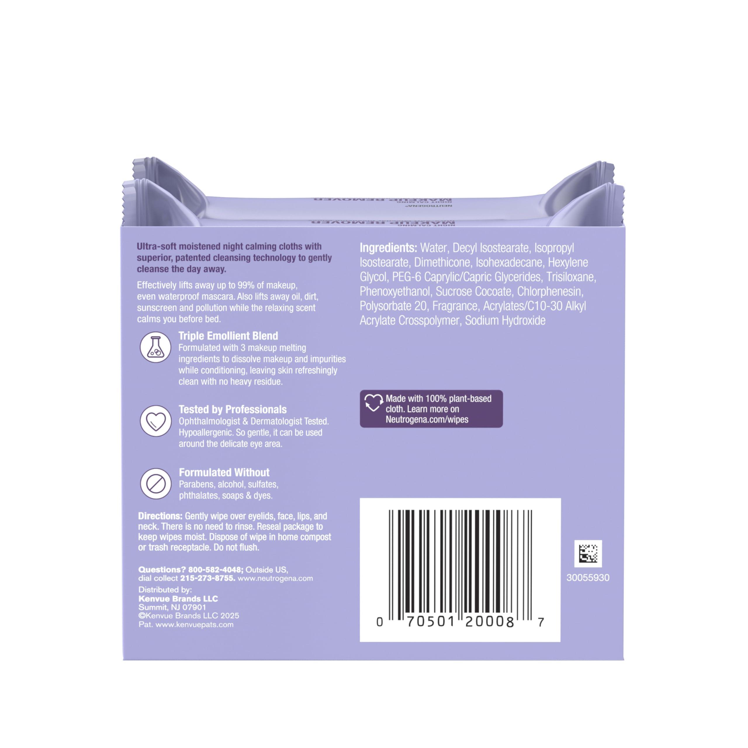 Neutrogena Night Calming Makeup Remover Face Wipes, Nighttime Cleansing Towelettes Remove Sweat, Dirt & Makeup & Calms Skin, Hypoallergenic, 100% Plant Based Cloth, Twin Pack, 2 x 25 ct - Image 9