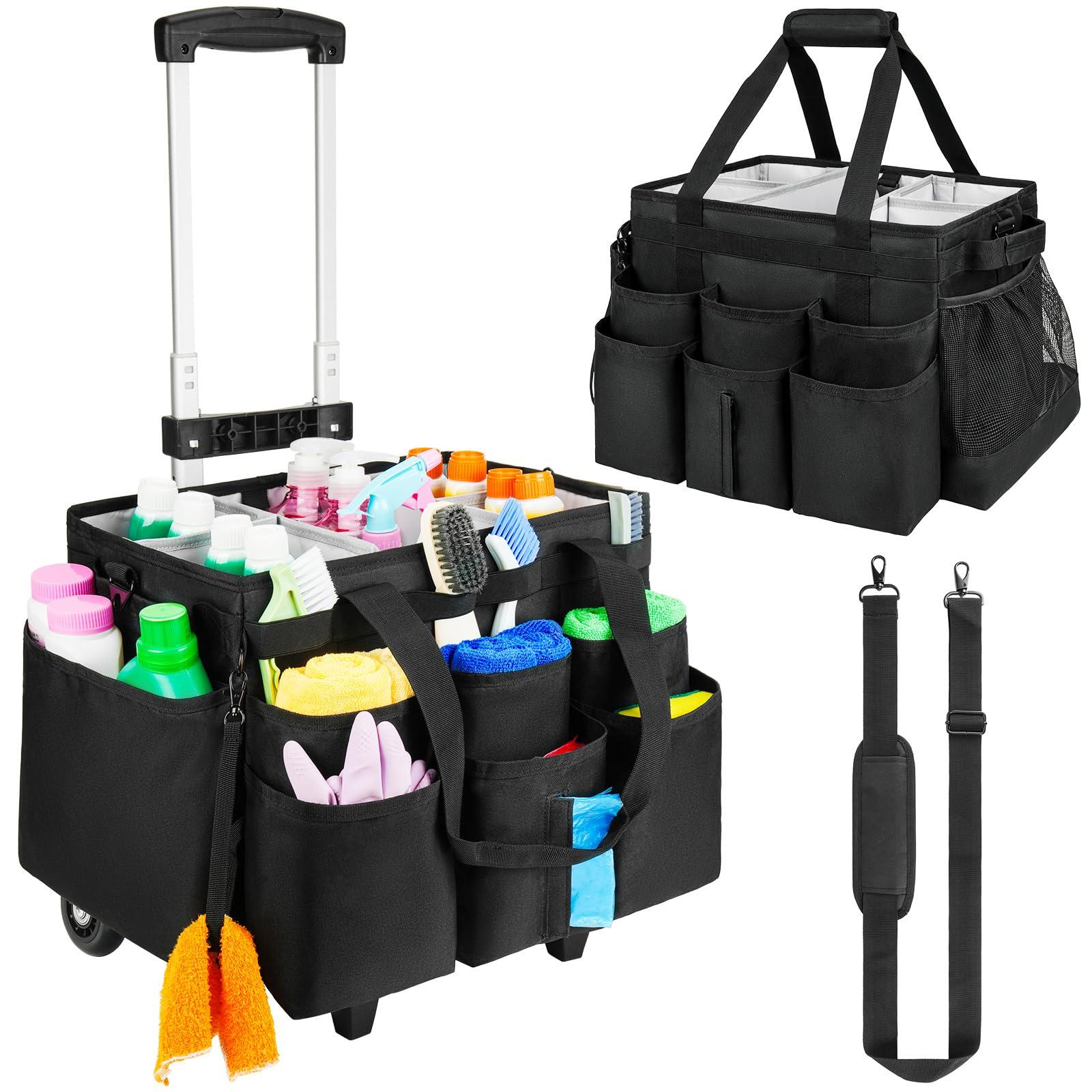 ZIOZERTT Large Rolling Cleaning Caddy Bag with Detachable Trolley,Cleaning Cart on Wheels with Shoulder Strap,Cleaning Supplies Organizer for Housekeepers,Black