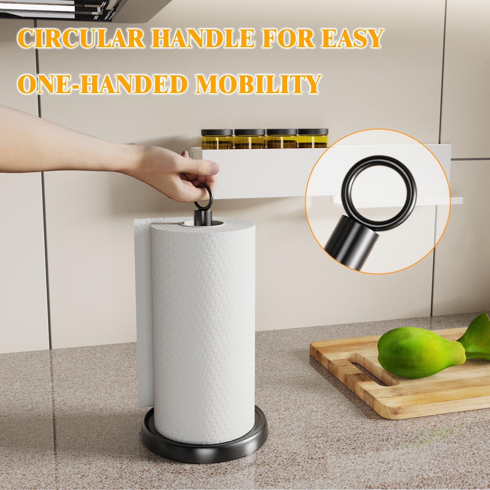 Black Paper Towel Holder Countertop, One-Handed Tear, Stainless Steel, Weighted Base, Ring Paper Towel Holder Stand with Ratchet System for Kitchen Farmhouse Essentials Decor Accessories - Image 4