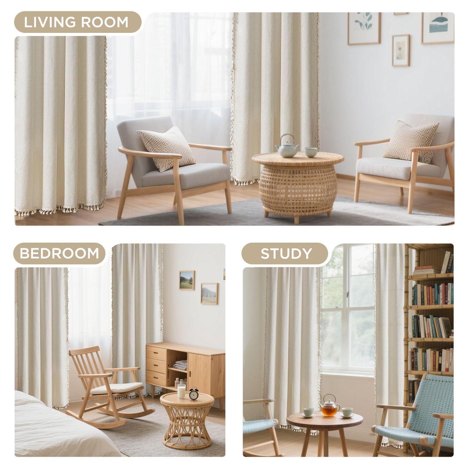Joydeco Beige Boho Curtains 84 Inch Length 2 Panels, Super Soft Bohemian Farmhouse Curtains with Tassels, Semi Sheer Light Filtering Drapes for Bedroom Living Room (Rod Pocket, 52Wx84L) - Image 6