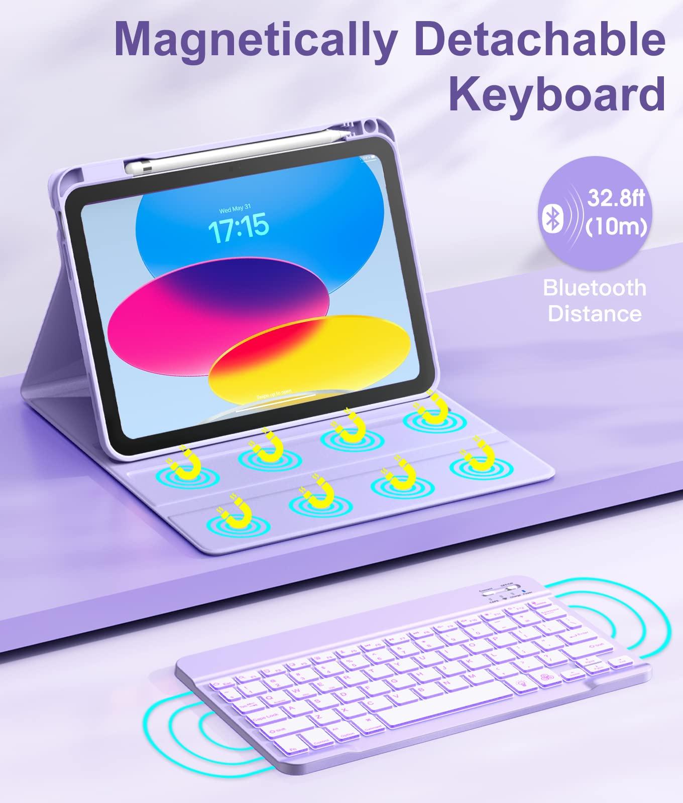 Hamile for iPad 11th 10th Generation Case with Keyboard - 7 Colors Backlit Wireless Detachable Folio Keyboard Cover with Pencil Holder for iPad 11-inch A16 2025 10th Gen 10.9 Inch 2022 (Purple) - Image 4