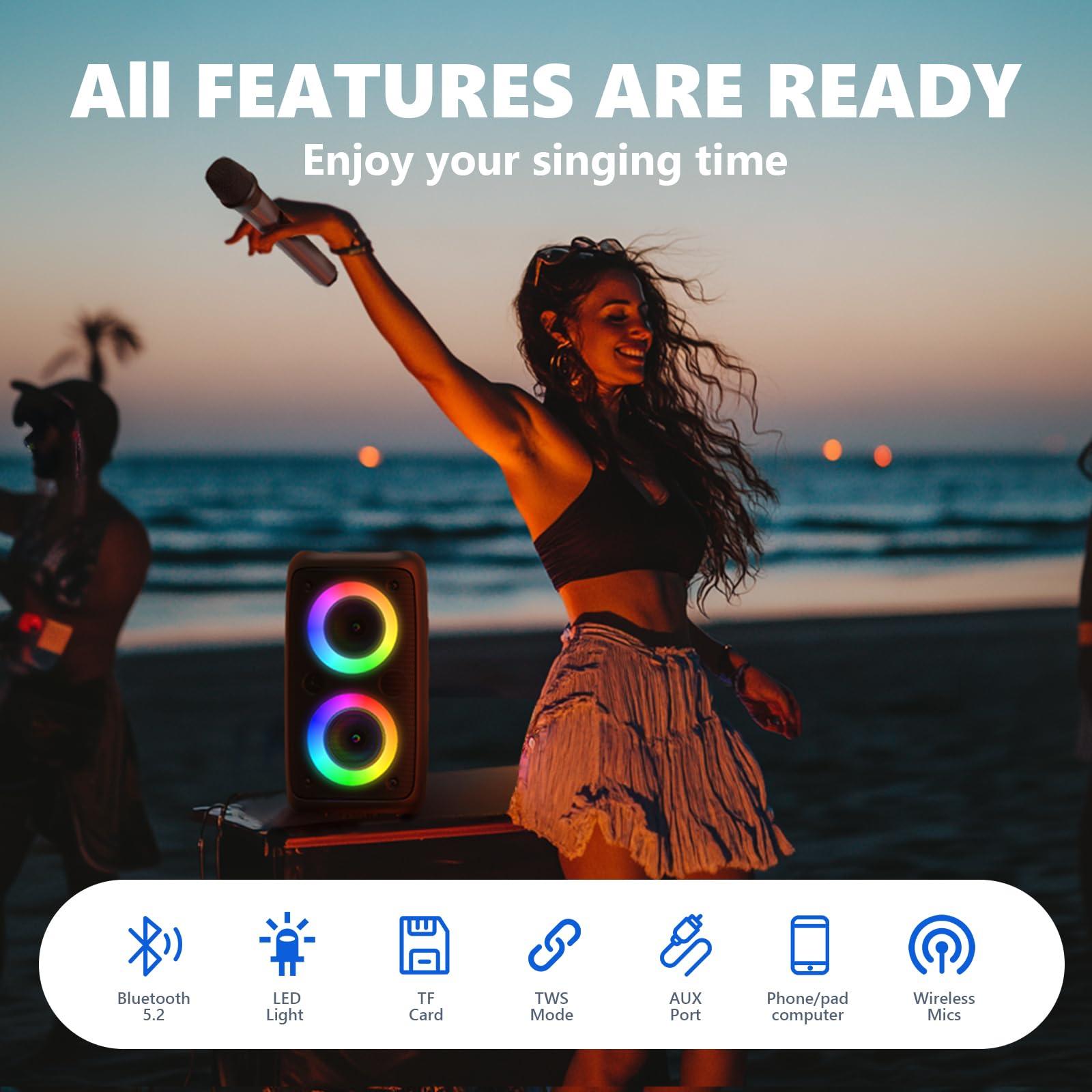 Powered PA Speaker, Bluetooth Loudspeaker, Portable Bluetooth Karaoke Player Machine with 2 Wireless Karaoke Microphones for Adults Kids with Subwoofer, Support TWS/TF/USB/AUX for Home Party Outdoor - Image 3
