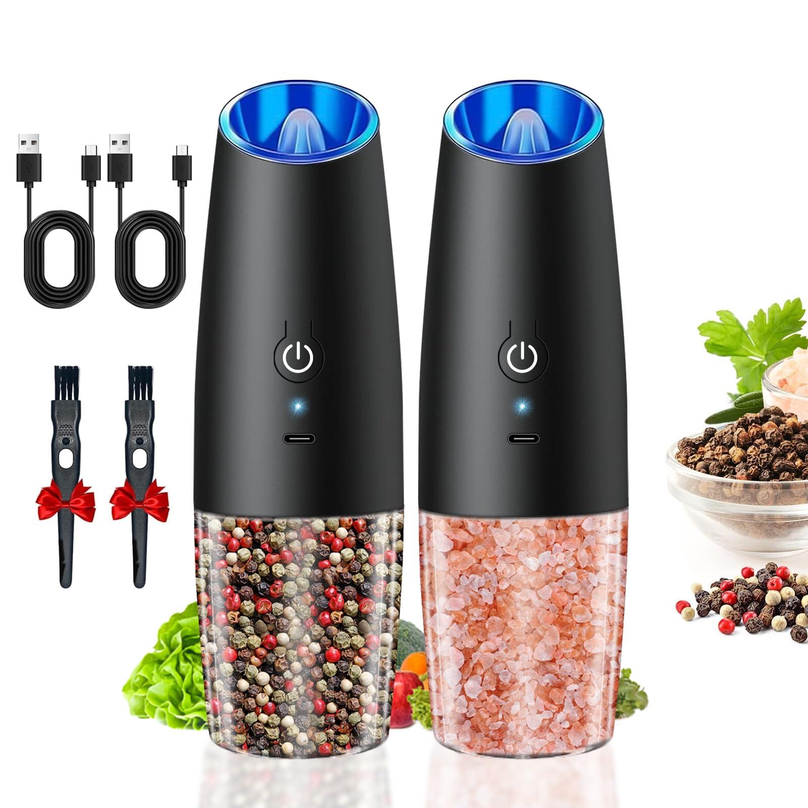 Haomacro Electric Salt and Pepper Grinder Set, Rechargeable Salt and Pepper Shaker with Adjustable Coarseness And LED Light, Automatic Pepper Mills for Kitchen (Black - 2 PCS)