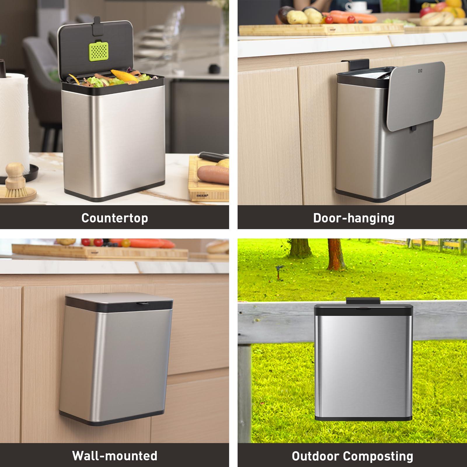 EKO Kitchen Compost Bin, 7L / 1.85 Gal Stainless Steel with Removable Inner Bucket and Deodorizer Compartment, 2-in-1 Countertop Compost Bin with Lid, Food Waste Caddy for Kitchen (MMT & Black Finish) - Image 4