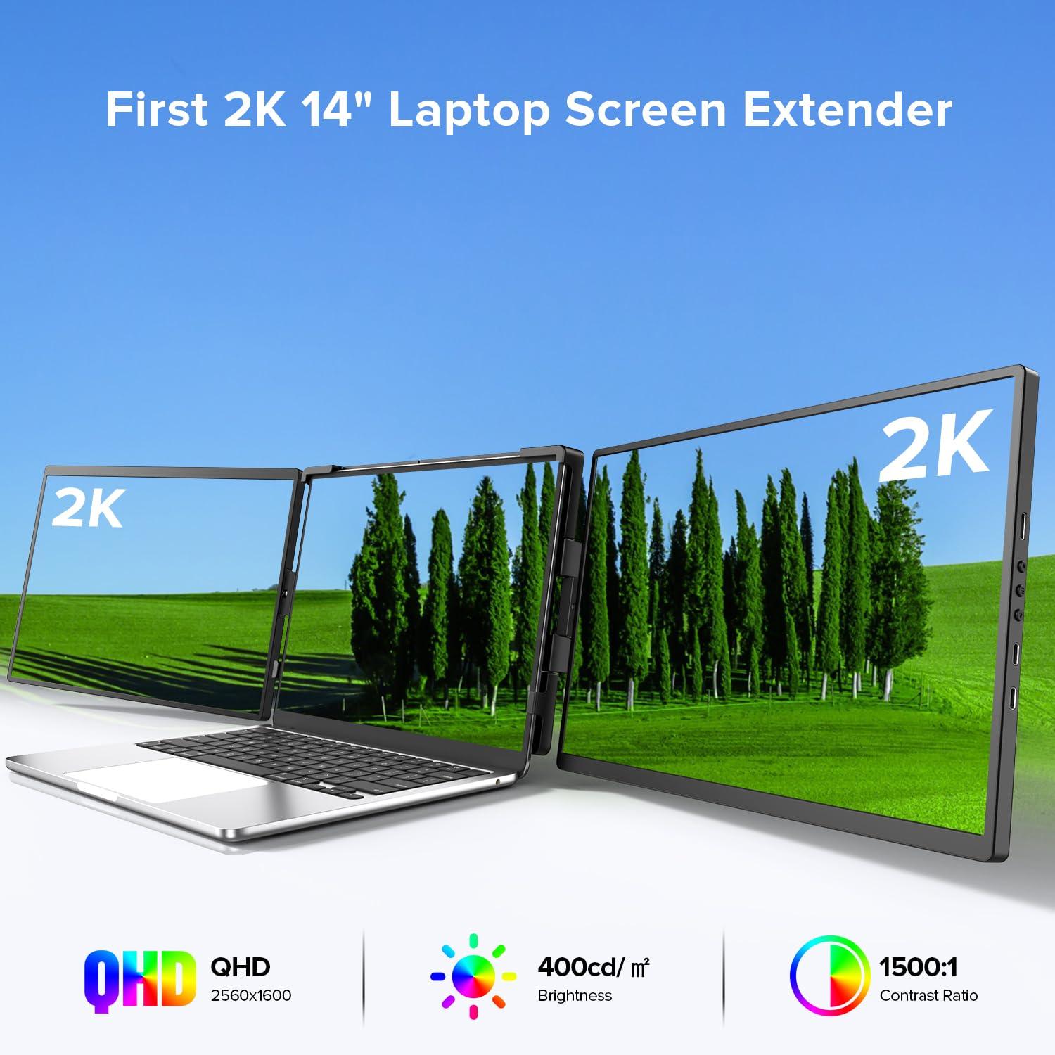 UPERFECT Laptop Screen Extender, 2K 14" 360° Patented Unique Swivel Hinge Triple Monitor, 2240x1400 QHD IPS Portable Dual Monitor for 13.3"-17.3'' Laptops, Plug & Play with Mac, Wins, Android - Image 2