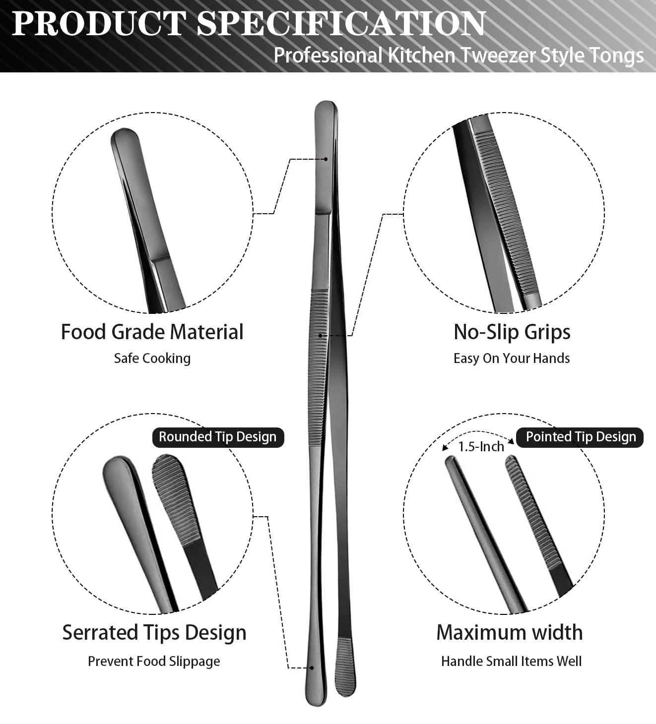 JETKONG 2 Pcs 12-Inch Kitchen Tweezers Tongs with Precision Serrated Tips, Stainless Steel Chef Tweezer Professional Cooking Tweezers for BBQ, Plating and Serving (12-Inch, Black) - Image 2