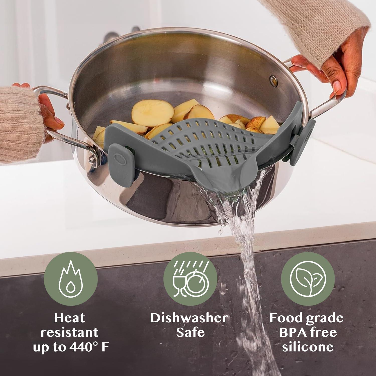 Kitchen Gizmo Snap N' Strain - Silicone Pasta Strainer Clip-On for Pots and Pans - Heat Resistant Colander for Vegetables and Noodles - Kitchen Gadgets for Home Cooking - Space-Saving Design - Gray - Image 6