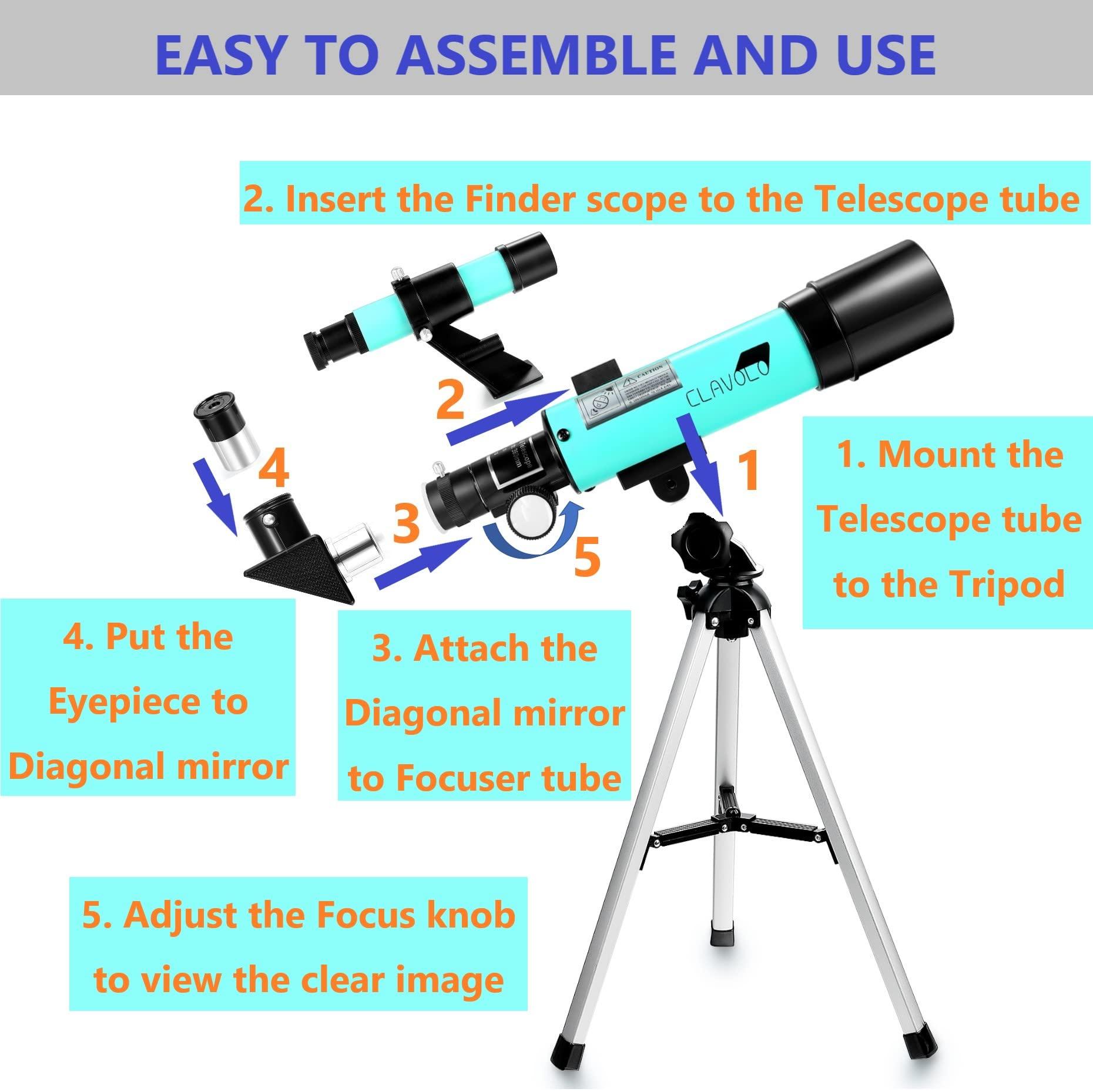 CLAVOLO Refractor Telescope with Finder Scope for Kids & Astronomy Beginners, Travel Telescope with 3 Eyepieces Magnification 18X – 135X - Image 5