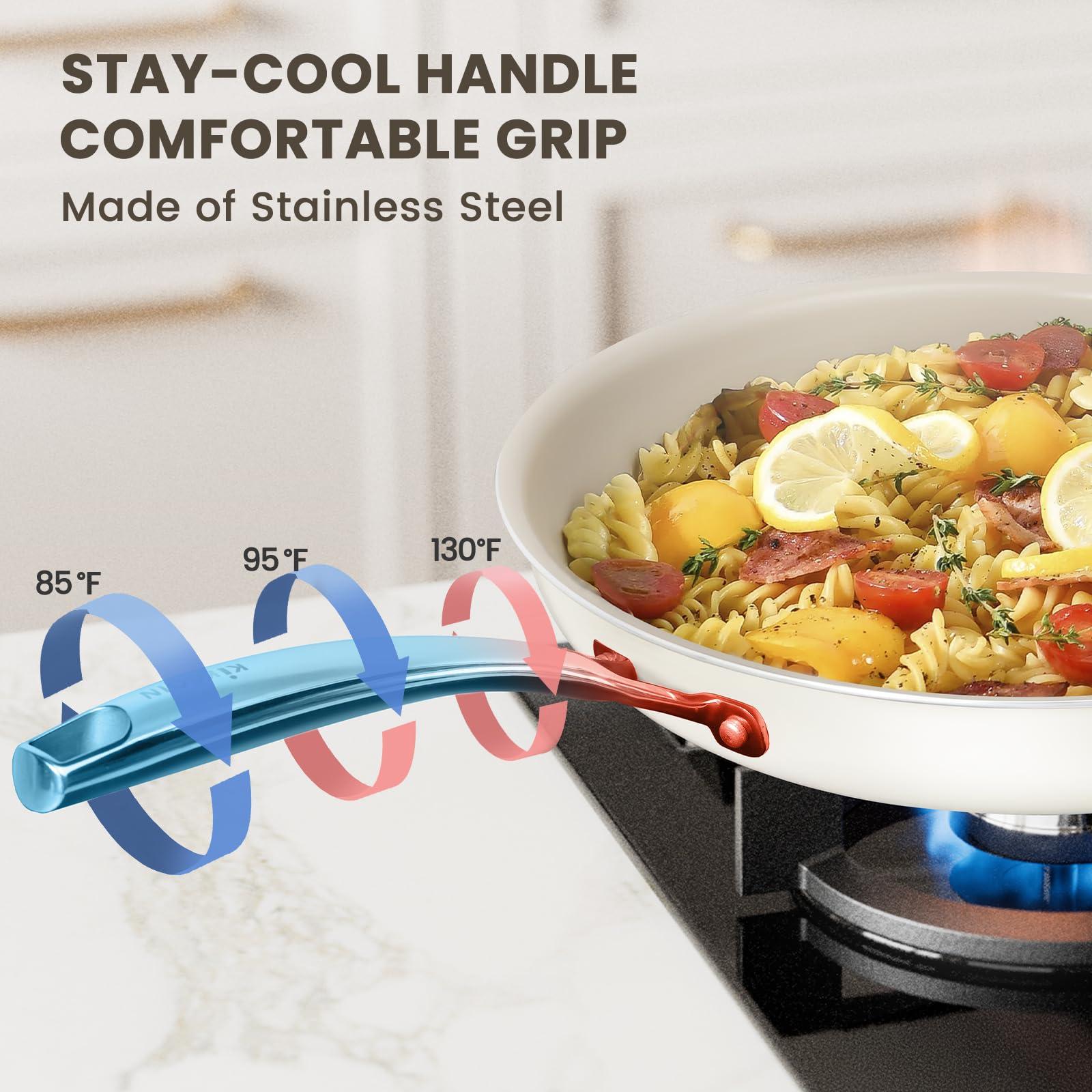 Kikcoin Ceramic Nonstick Frying Pans Set, Healthy Non Toix Pans for Cooking, 8" 9.5" 11" Ceramic Frying Pans and Skillet with Stay Cool Handle, Dishwasher/Oven Safe, PFAS & PTFE & PFOA Free - Image 6