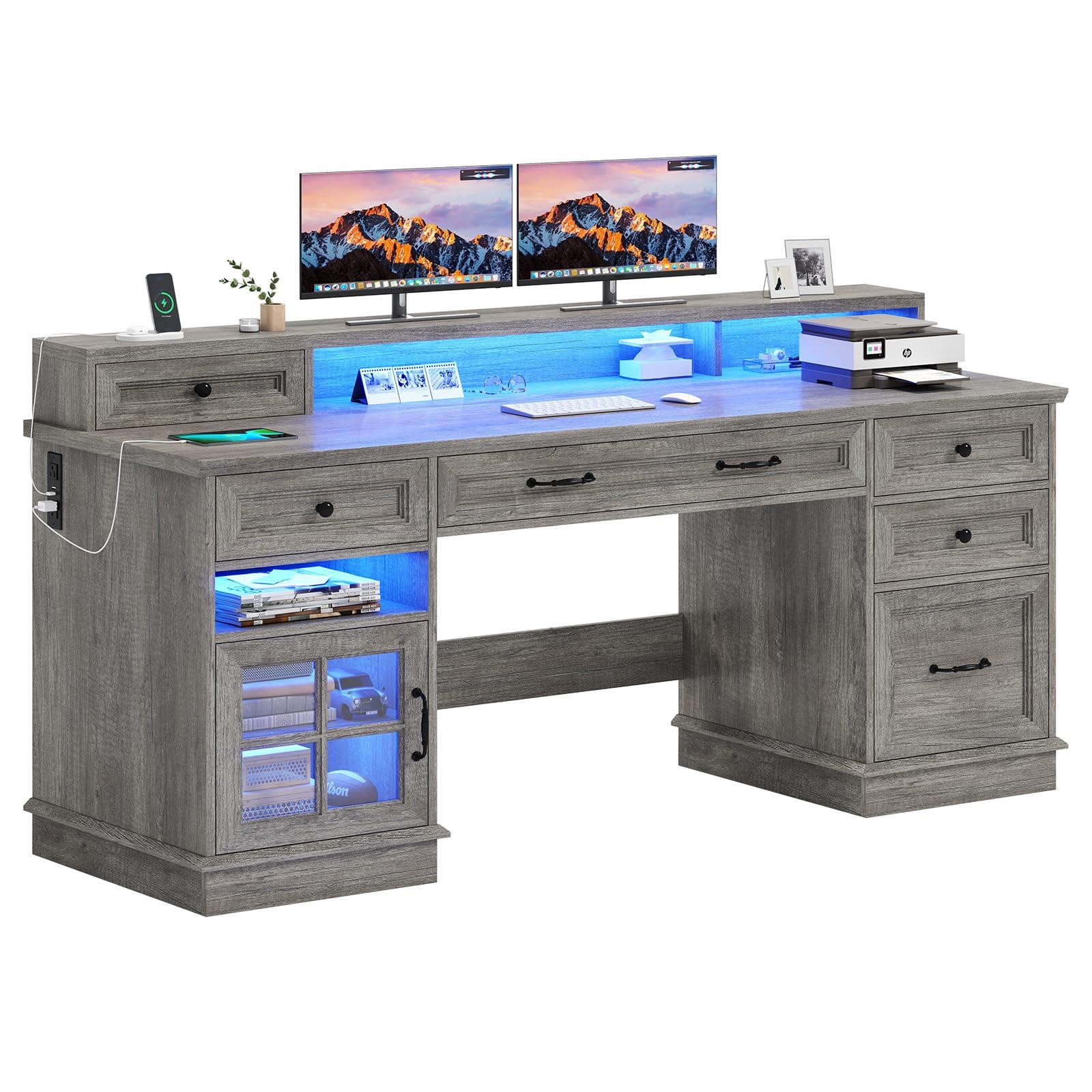 BTHFST Farmhouse Executive Desk with File Drawer, Computer Desk with Charging Station & LED Lights, Home Office Desk with Drawers & Storage Cabinet, Executive Office Desk with Monitor Stand, Grey - Image 8