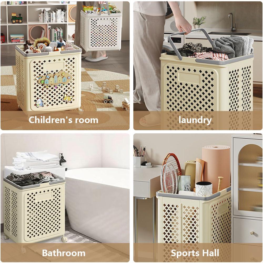 Desricy 50L small foldable storage basket with wheels and handles, yoga mat storage basket, mesh rolling laundry basket, plastic small rolling gift basket are the best choice to save space - Image 4