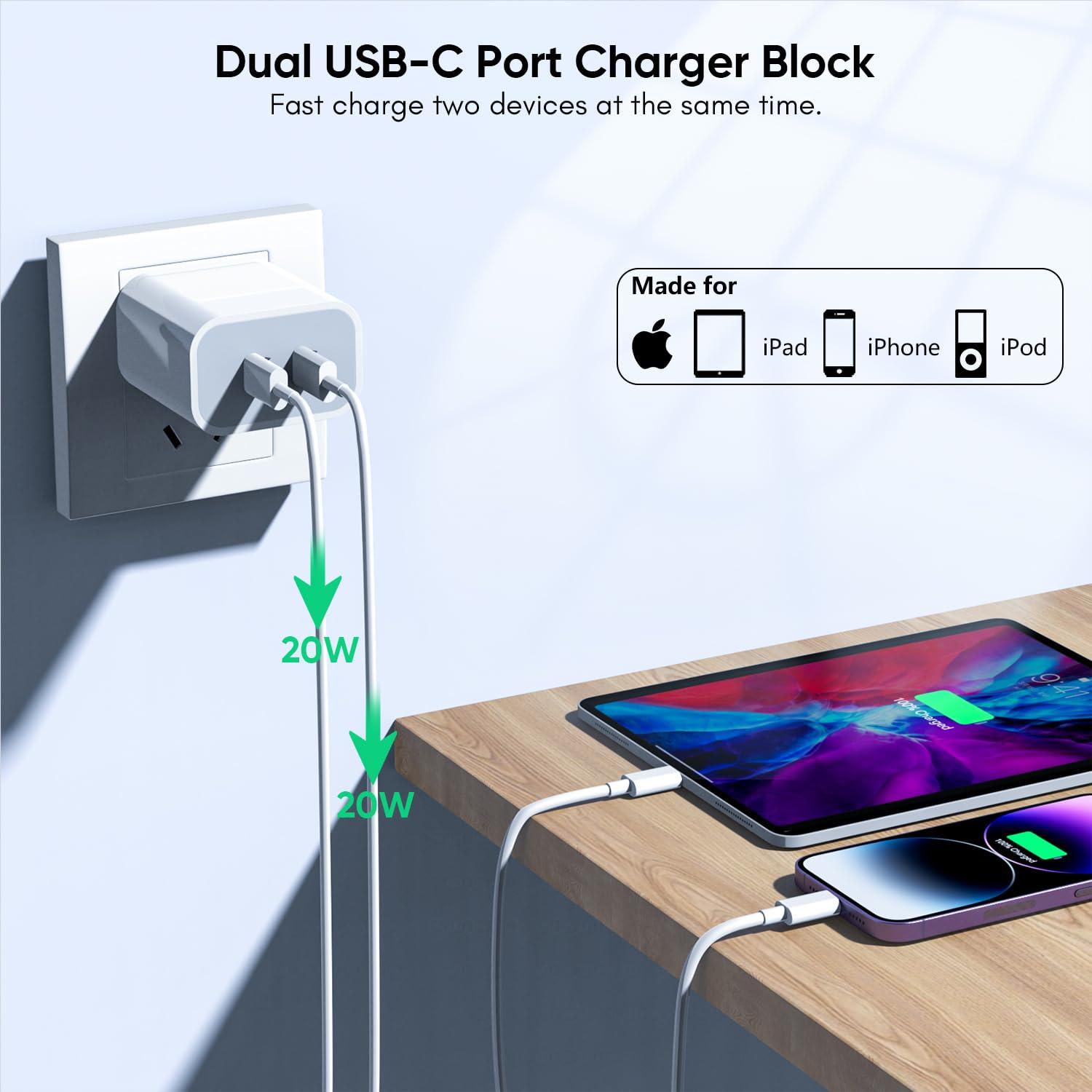 iPhone Charger [Apple MFi Certified] 2Pack PD Dual USB C Charger Block Fast Charging Wall Charge Plug with 10FT Long Rapid Type C - Lightning Cable Apple Charge for iPhone 14/13/12/11/XS/XR/SE, iPad - Image 3