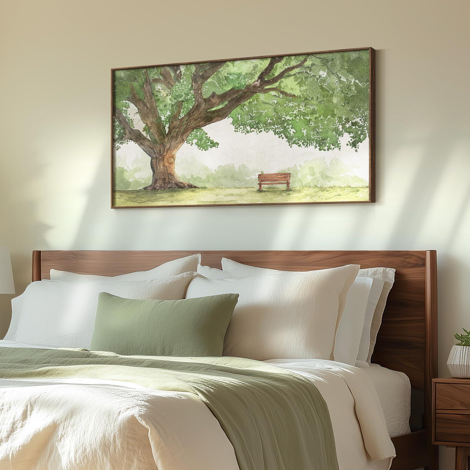 Framed Landscape Canvas Wall Art for Living Room - Contemporary Large Tree Shade Sage Green Painting with Park Bench, Nature Artwork Prints for Bedroom Office Nursery Hallway Wall Decor, 20x40 Inch - Image 3