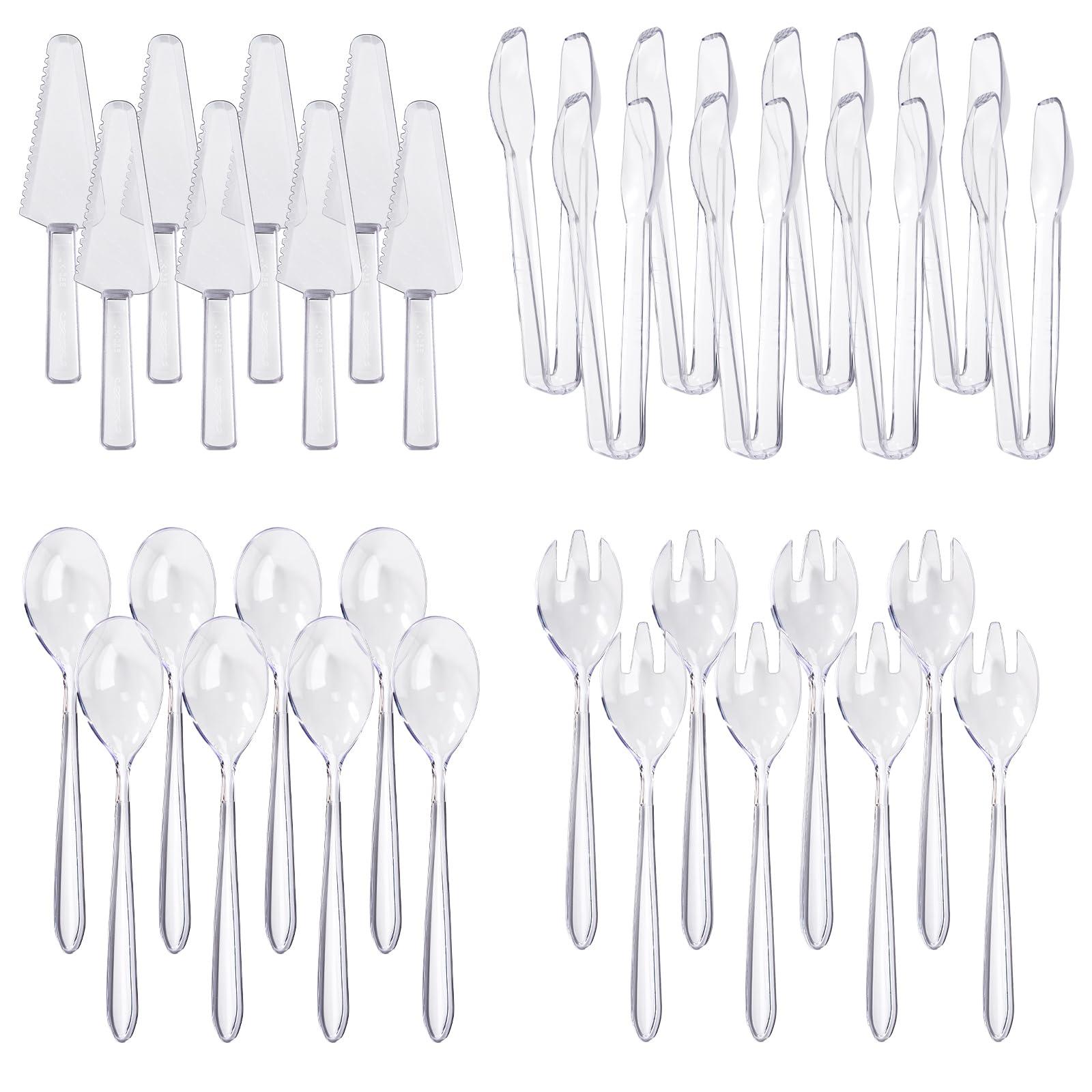 TANEMUDO 32 Pcs Disposable Plastic Serving Utensils Set with 8 Pcs 9.7" Spoons Forks, 8 Pcs 9.5" Knives, and 8 Pcs 6.3" Tongs for Serving Food, Cake, Birthday Party, Buffet, and Cutlery (Clear)