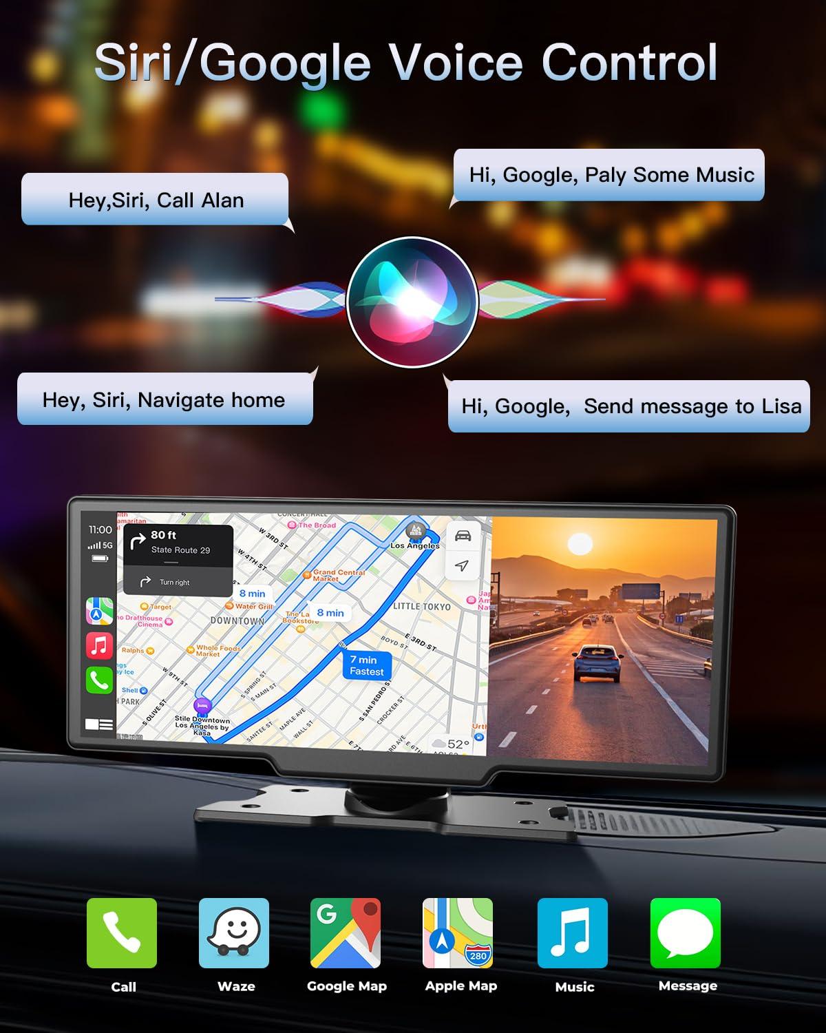 Portable Wireless CarPlay Touchscreen for Car: 4K Apple Carplay & Android Auto Car Play Screen with 4K Dash Cam/1080p Rear Camera/GPS Navigation/Bluetooth/Mirror Link/AirPlay (Obsidian Black-10IN) - Image 3