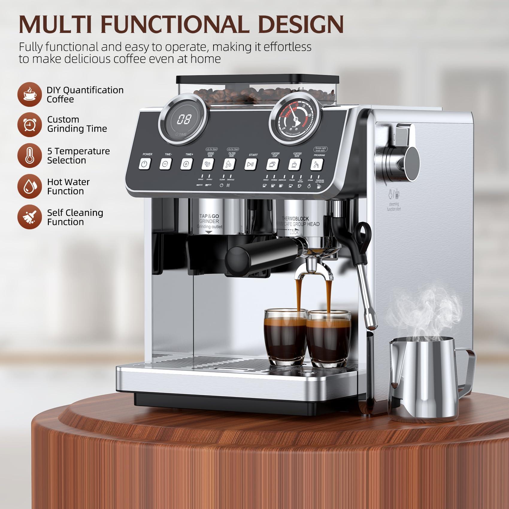 QJA Espresso Machine with Grinder, 20 Bar Pressure Professional Espresso Maker with 30 Grinding Settings, 58mm Portafilte, Anti-scalding Milk Frother Steam Wand for Latte Cappuccino (Stainless Steel) - Image 6