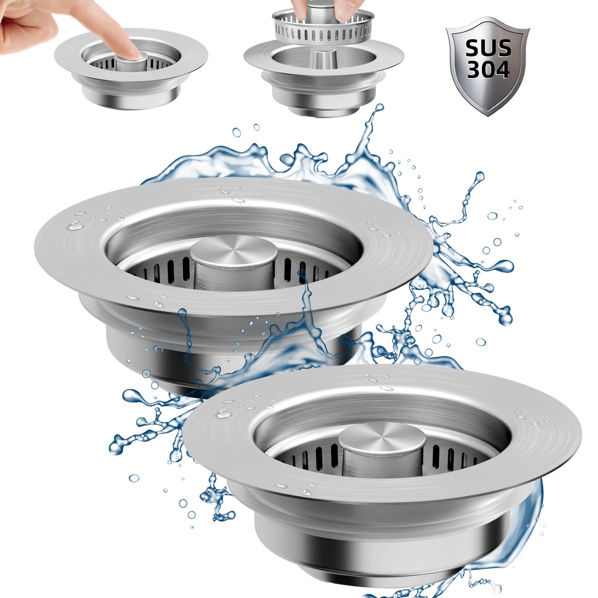 NinjaTiger Kitchen Sink Drain Strainer - 2-Pack Stainless Steel Sink Stopper 3-in-1 Pop-Up Sink Strainer with Anti-Clogging Basket Odor Filter Sink Drain Cover Plug for US Standard 3-1/2 Inch Drain