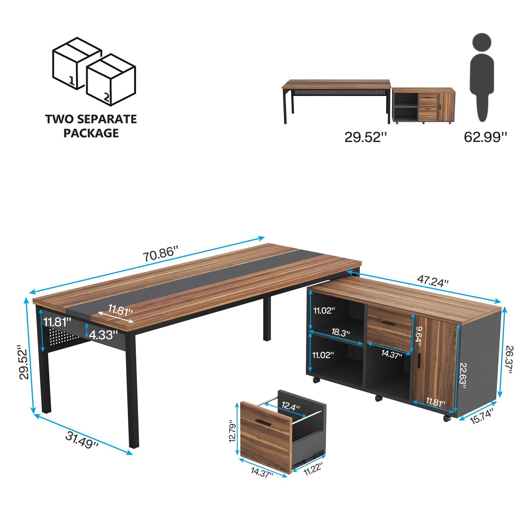 Tribesigns 70.8" Large Executive Office Desk and 47" Lateral File Cabinet Combo, L-Shaped Computer Desk 2 Piece Business Furniture with Drawers and Shelves, Home Office Workstation, Walnut - Image 2
