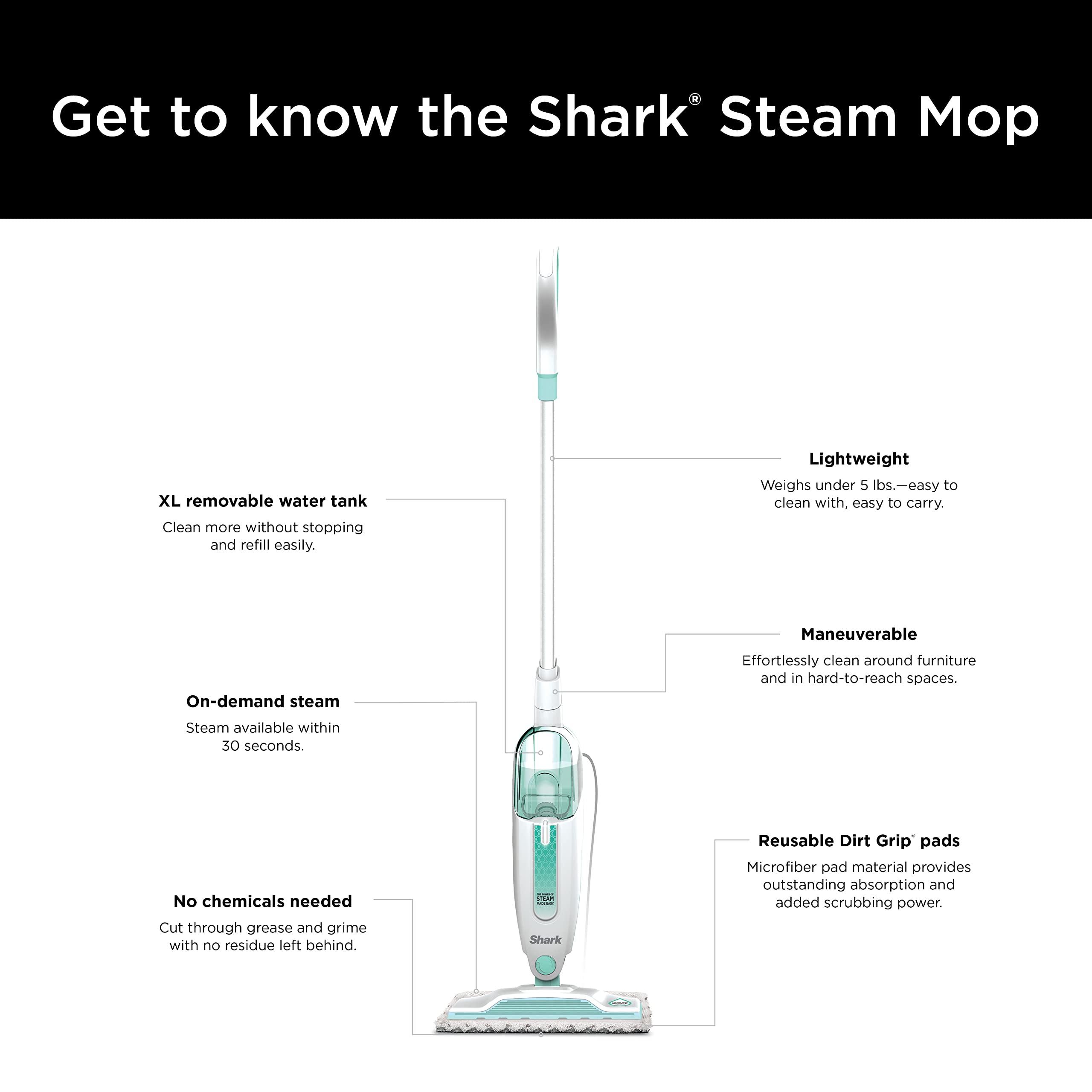 Shark Steam Mop with 2 Machine Washable Dirt Grip Pads, Removable Water Tank, Lightweight, Steam Cleaner for sealed Hard Floors, Marble, Stone, Hardwood, Tile, Laminate, White/Seafoam, S1000 - Image 11
