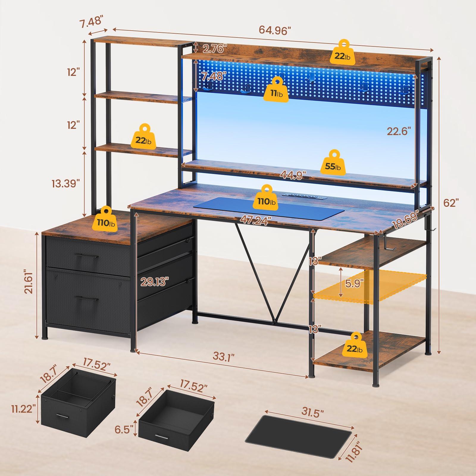 UPOSOJA Gaming Desk with Hutch, 65in Reversible Computer Desk with Power Outlets LED Light, Home Office Desk with Monitor Stand 2 Drawers 4 Storage Shelves Pegboard 8 Hooks Mouse Pad (Brown) - Image 2