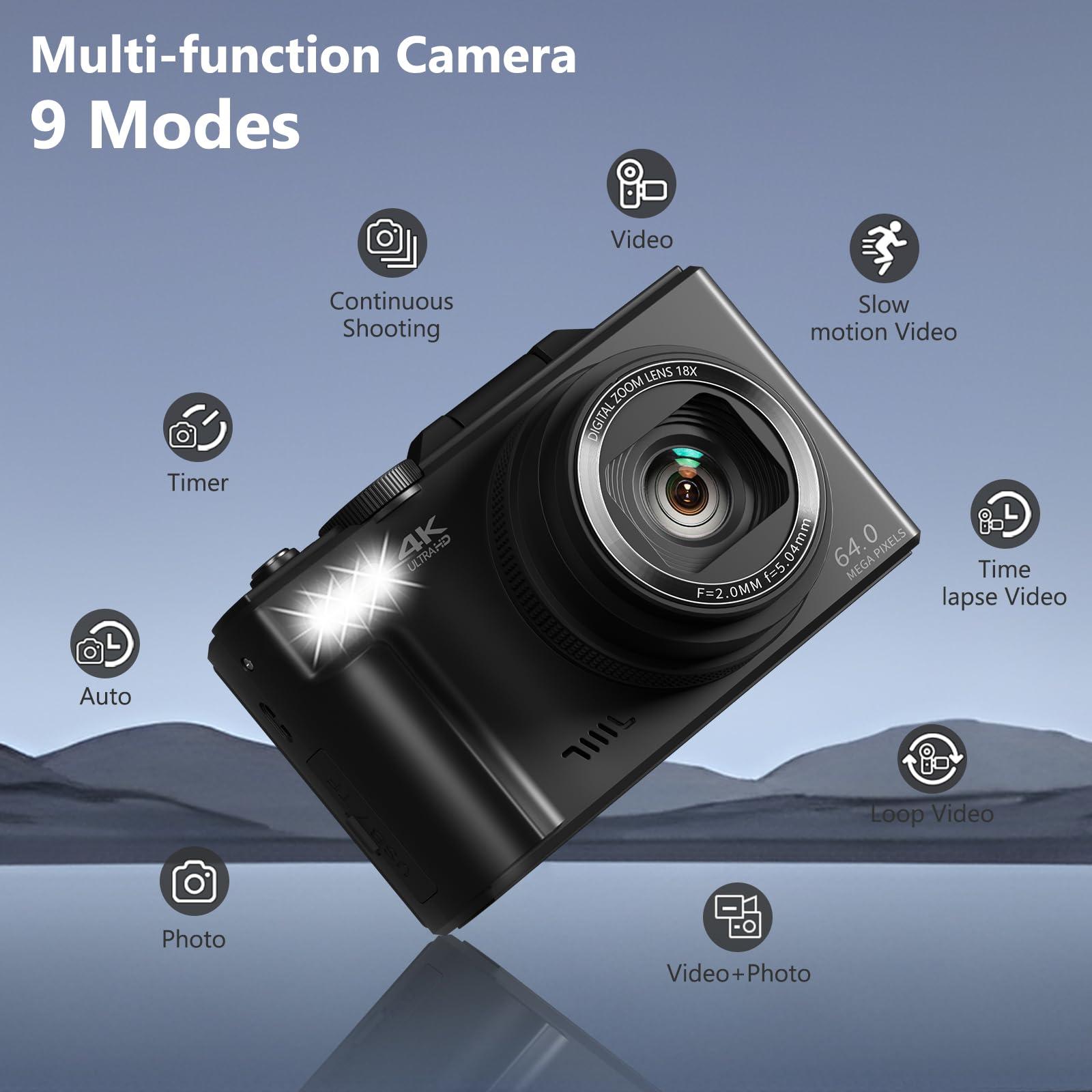 4K Digital Camera for Photography, 64MP Vlogging Camera for YouTube with 3" 180° Flip Screen, 18X Digital Zoom Point and Shoot Camara with 32GB Micro SD Card for Beginner (Black) - Image 5