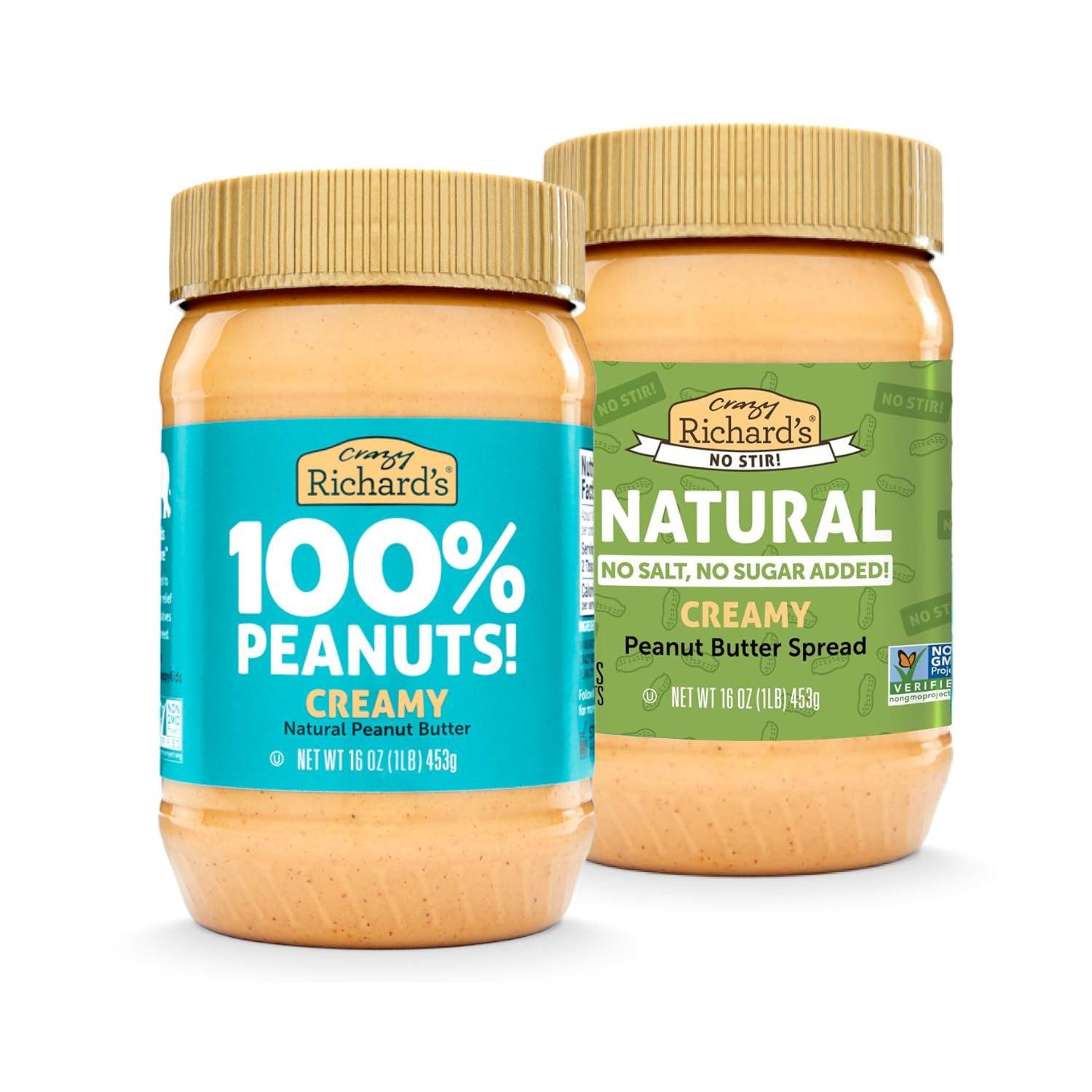 Crazy Richard's 100% All-Natural Vegan Creamy Peanut Butter with No Added Sugar and Non-GMO Variety Pack (Original 100% Peanuts Creamy + No Stir Creamy)