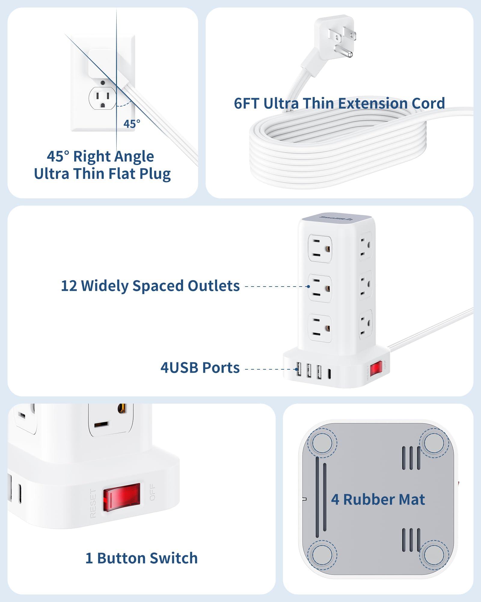 Power Strip Tower, 6.5 Ft Flat Plug Extension Cord, 16 IN 1 Power Bars with Surge Protector, Power Tower Bar with 12 AC Multiple Outlets 4 USB (1 USB C),for Home Office Desk - Image 3