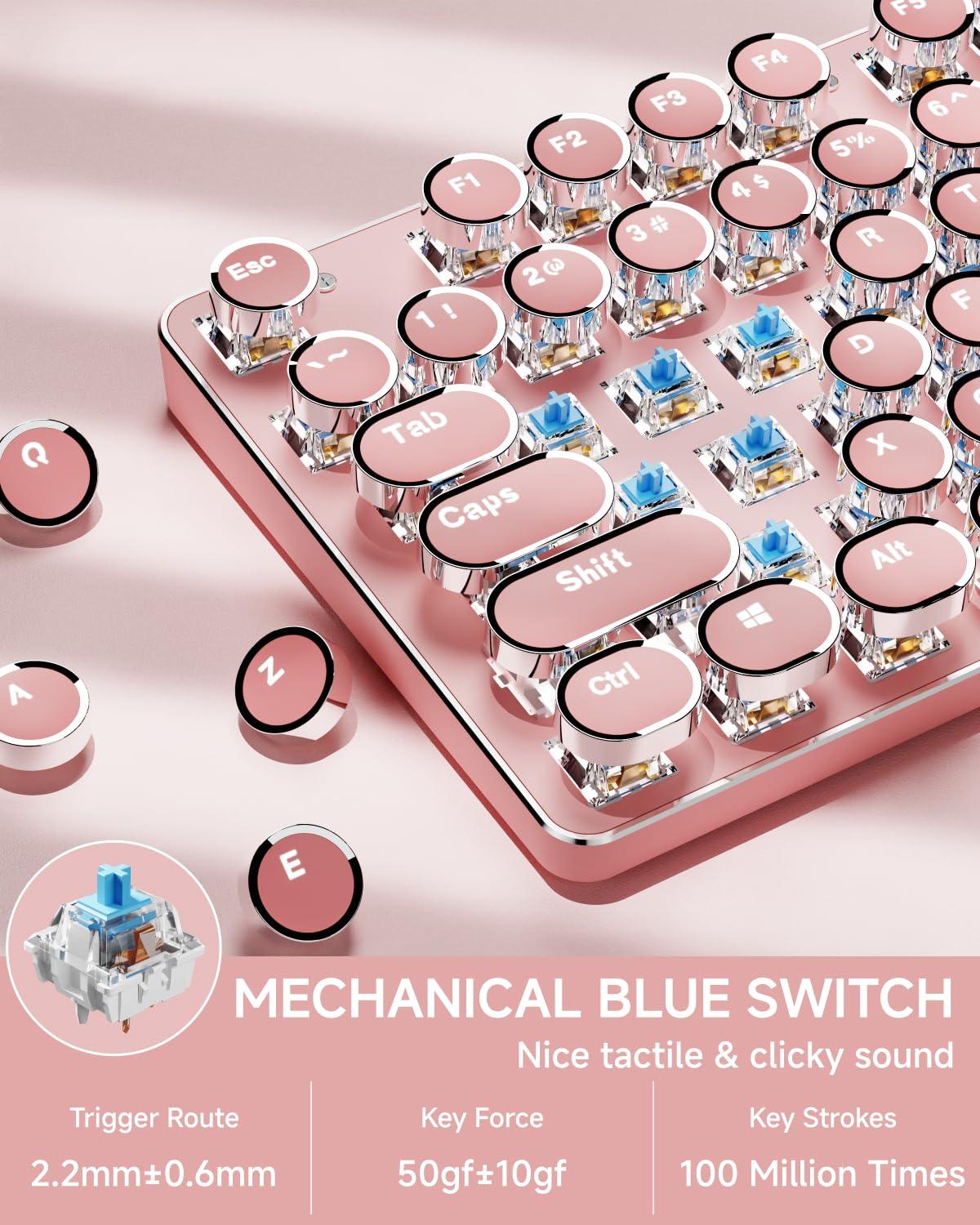 EWEADN TK950 Typewriter Keyboard Wireless Mechanical Keyboards, 104 Keys Aesthetic Typewriter Keyboard with White Backlit, Anti-Ghosting, Blue Switch Bluetooth/2.4GHz/USB-C Wired Cute Keyboards-Pink - Image 6