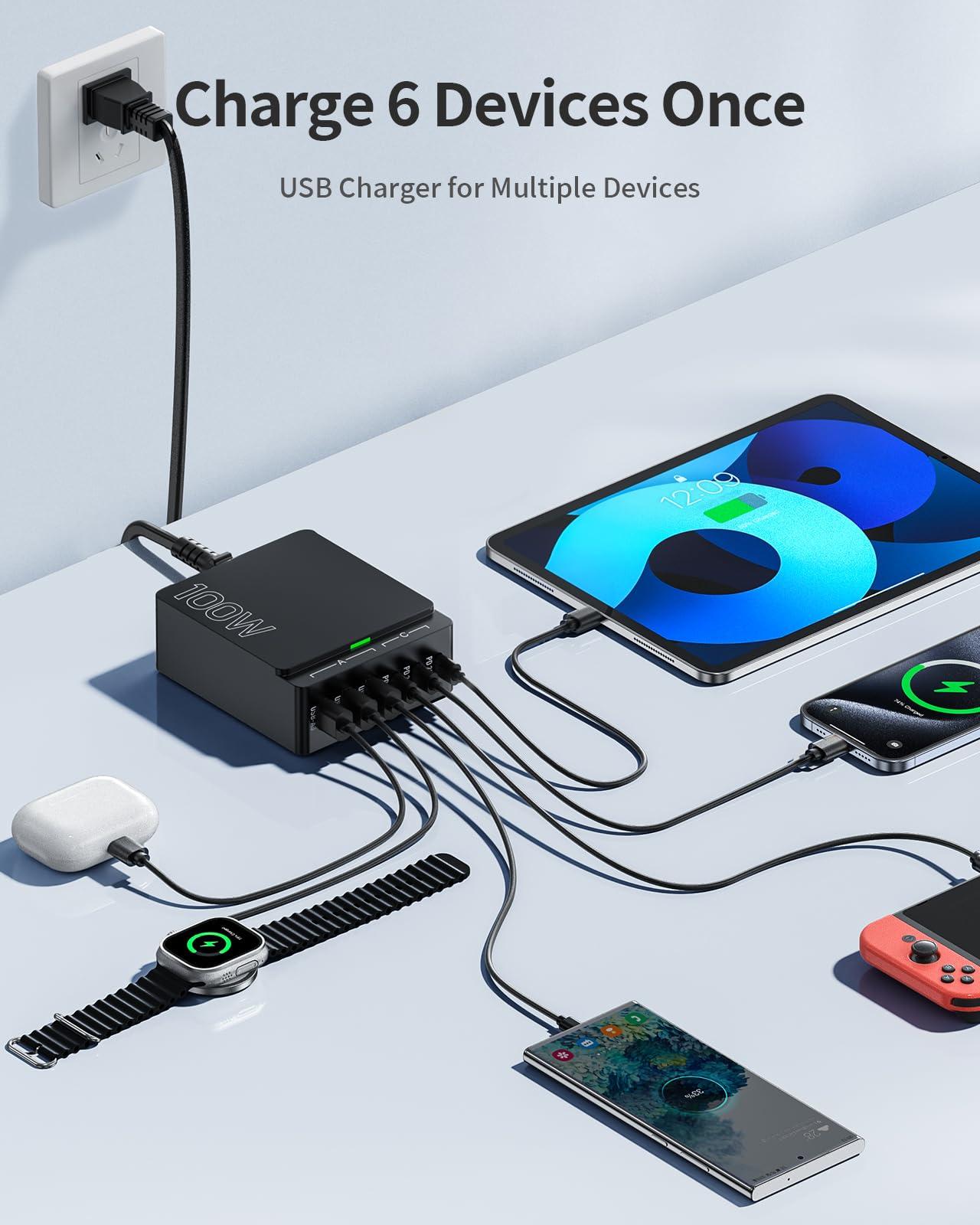USB C Charger Block Charging Station: 100W 6 Port GaN Fast Charging Brick Hub Cube Box - PD 3.0 Type C & USB A Wall Charger Power Adapter for All iPhone iPad Samsung Android Pixel Series - Image 2