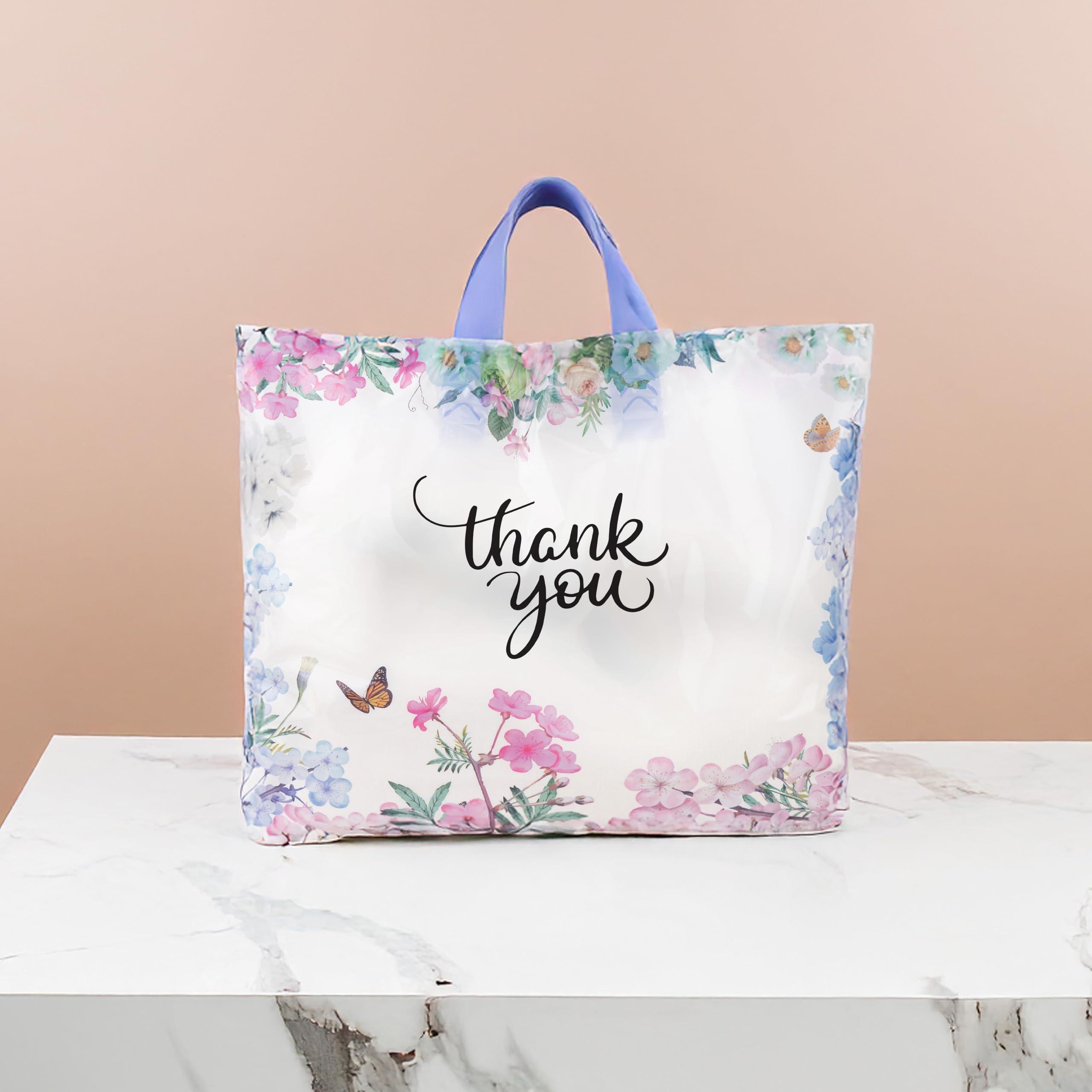 Purple Q Crafts Thank You Bags for Business 50 Pack 15" W x 12" H Floral Plastic Shopping Bags With Soft Loop Handle Thank You Shopping Bag - Image 4