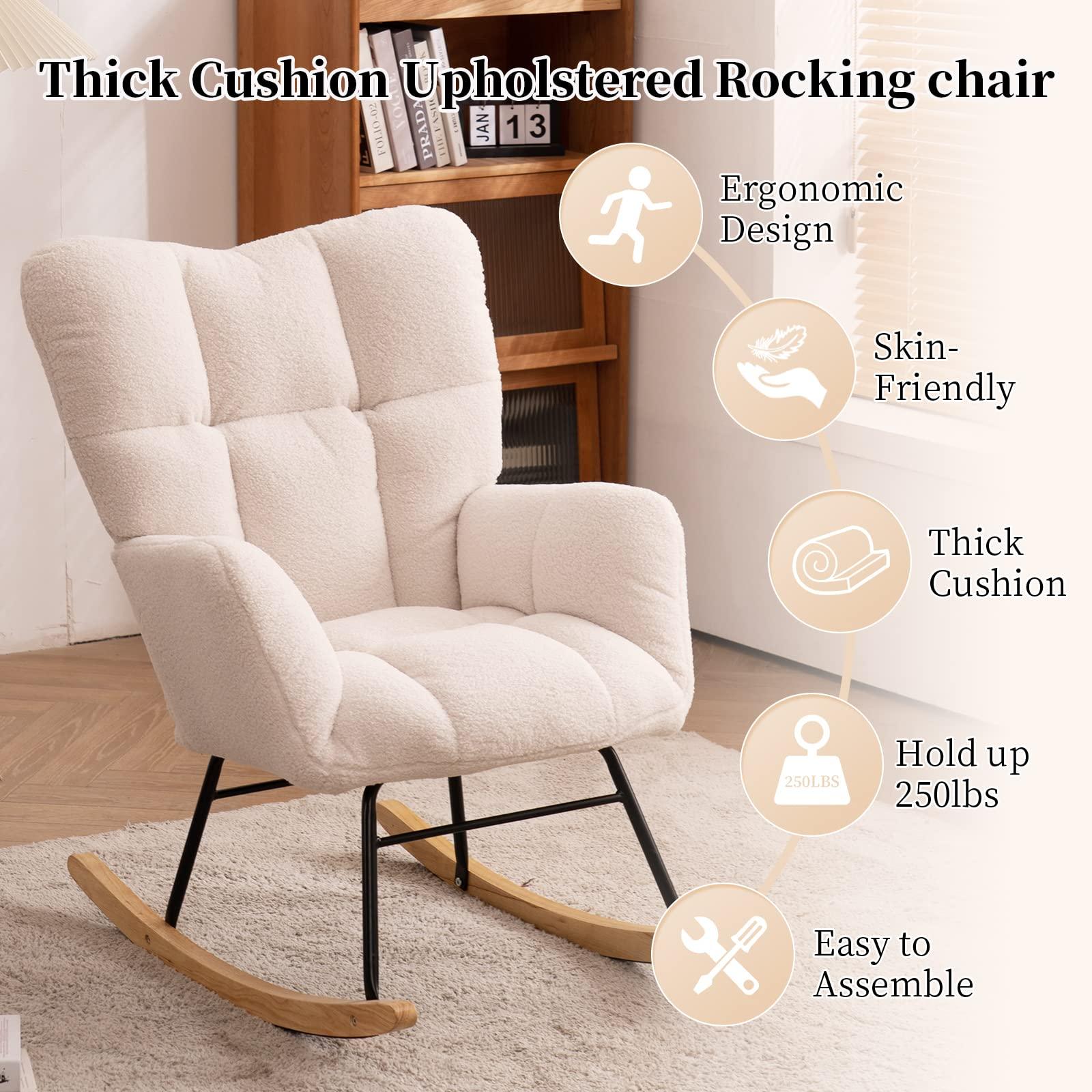 NIOIIKIT Nursery Rocking Chair Teddy Upholstered Glider Rocker Rocking Accent Chair Padded Seat with High Backrest Armchair Comfy Side Chair for Living Room Bedroom Offices (Ivory Teddy) - Image 7