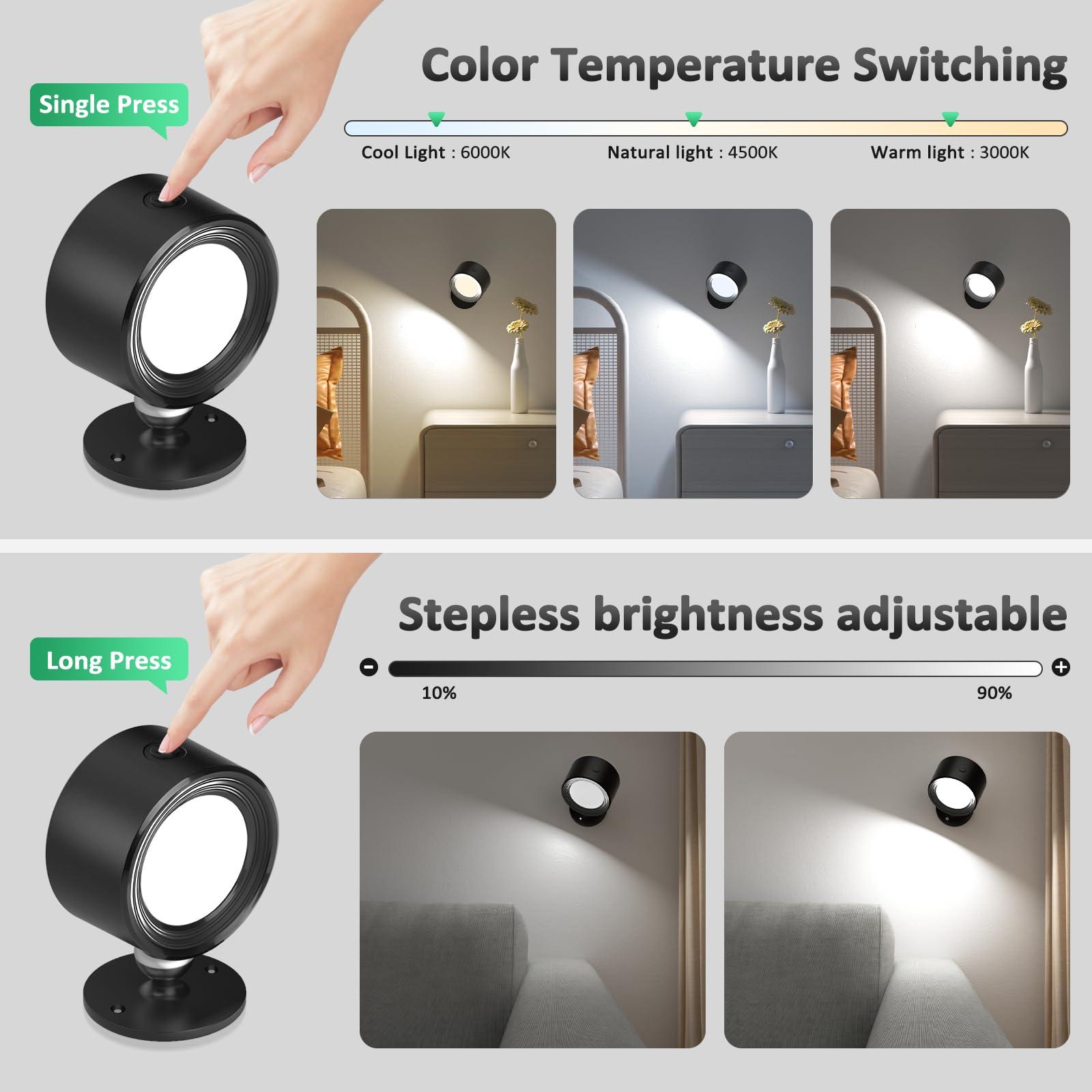 Lightbiz LED Wall Mounted Lights 2 Pcs with Remote, Wall Sconces Lamp 3000mAh Rechargeable Battery Operated, 3 Color Temperatures & Dimmable Magnetic 360° Rotation Cordless Light for Bedroom Bedside - Image 3