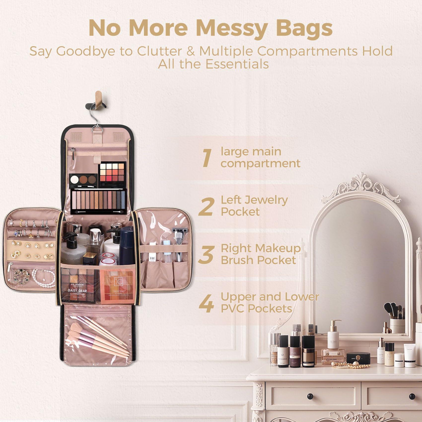 TBTOTRA Hanging Toiletry Bag & Makeup Bag for Women with Jewelry Organizer - TSA Approved Large Capacity Travel Cosmetic Organizer, Waterproof Shower Essentials Case with Transparent Pockets, Black - Image 3