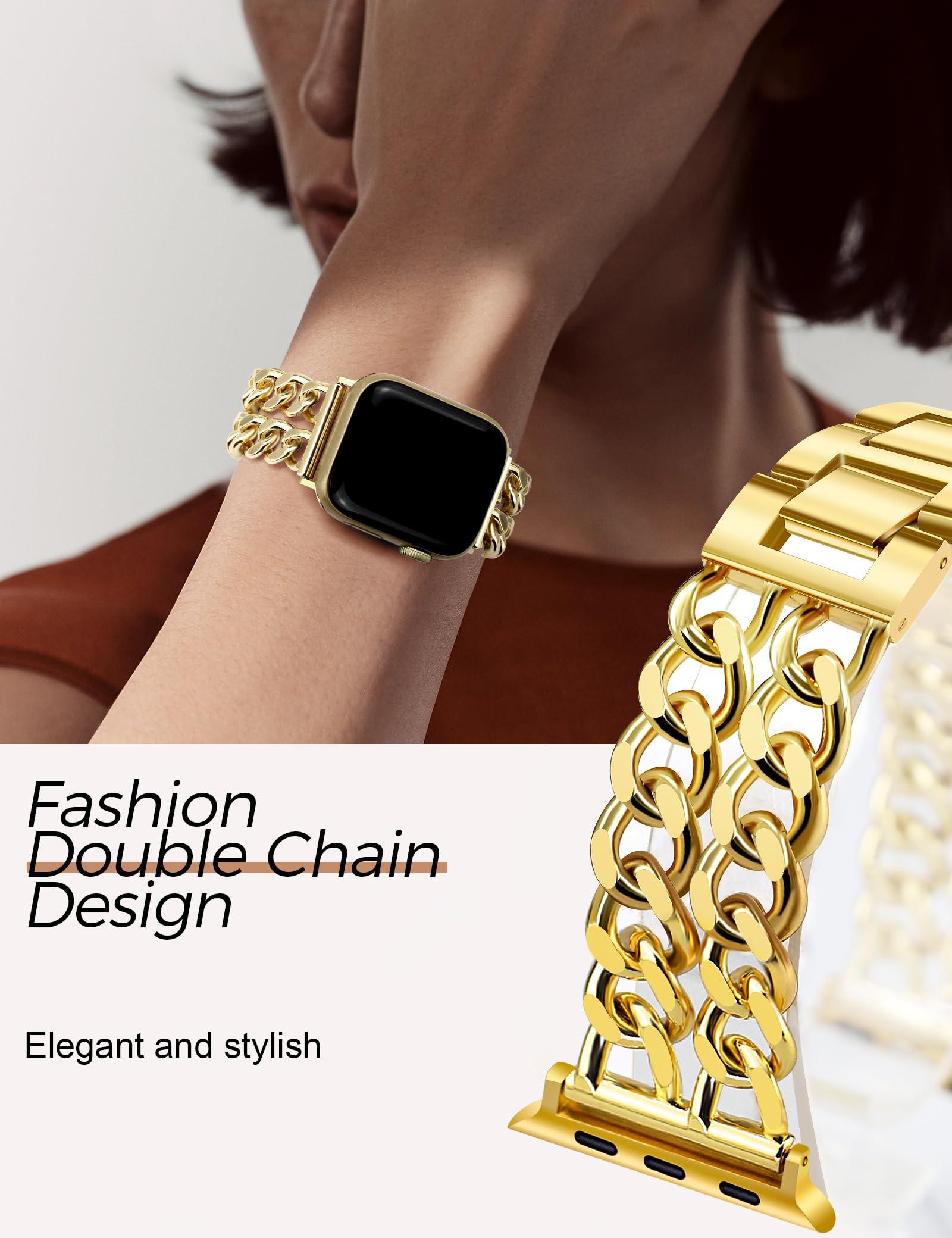 JR.DM Gold Watch Bands for Women Compatible with Apple Watch Band 38mm 40mm 41mm 42mm (S10) Adjustable Metal Band Cowboy Steel Chain Bracelet for iWatch Series1/2/3/4/5/6/7/8/9/10/SE (No Case) - Image 3
