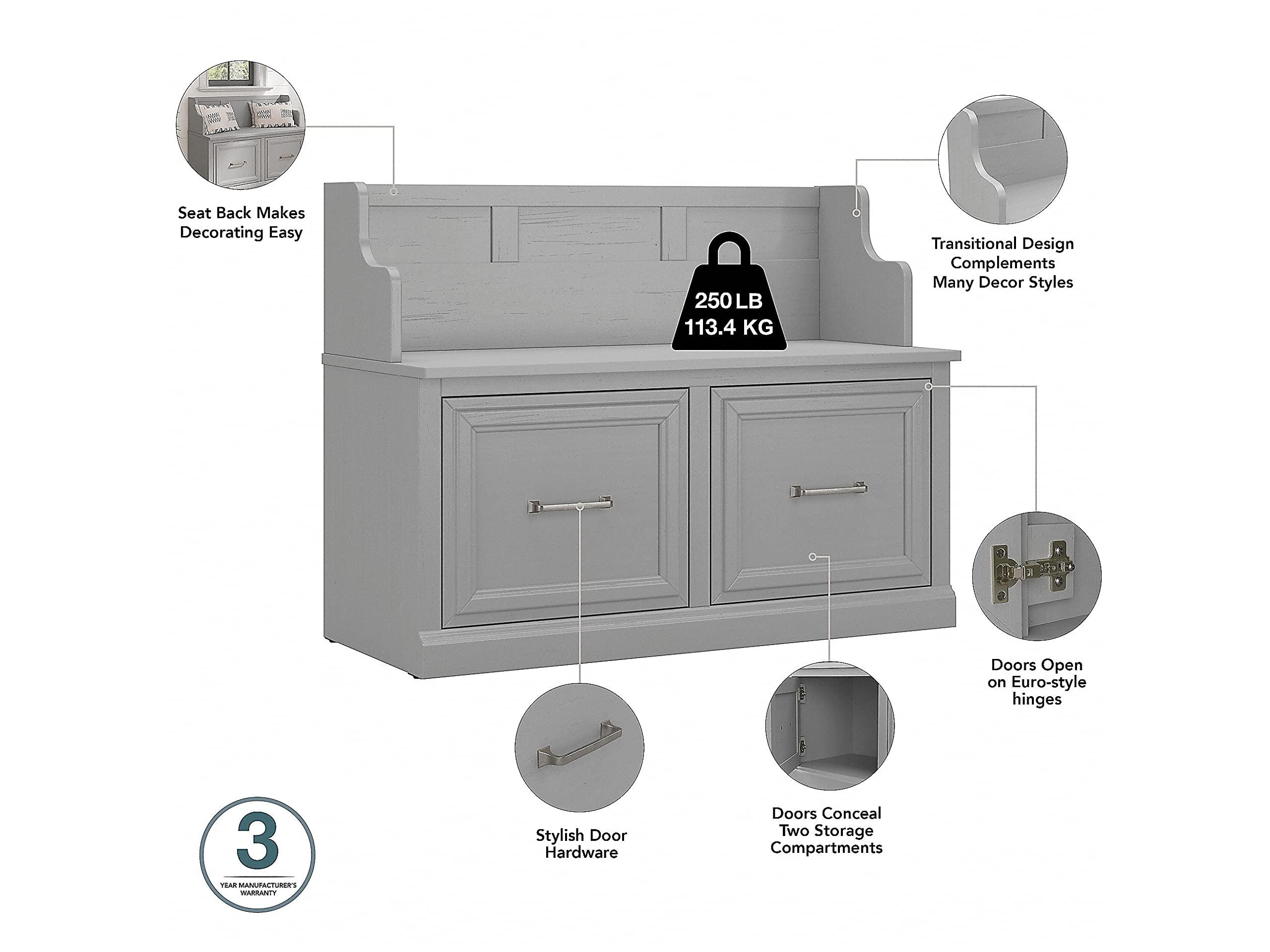 Bush Furniture Woodland 40W Entryway Bench with Doors in Cape Cod Gray Shoe Storage for Mudroom and Foyer - Image 4