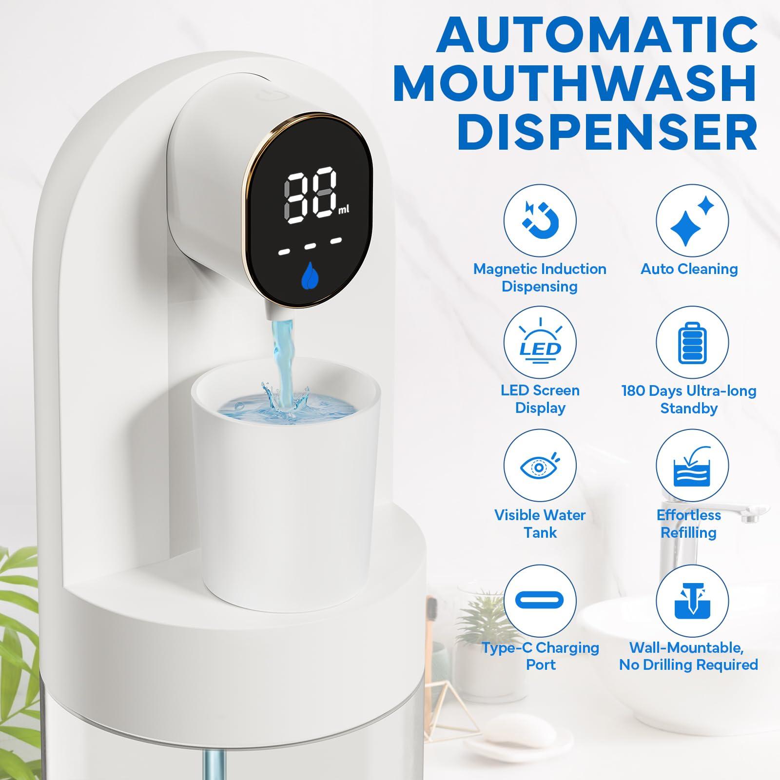 Automatic Mouthwash Dispenser for Bathroom, Bathroom Accessories 21.12 oz(600 ml) Touchless Smart Mouth Wash Dispenser with 4 Magnetic Cups &4 Dispensing Levels, Suitable for All Age Groups(White) - Image 3