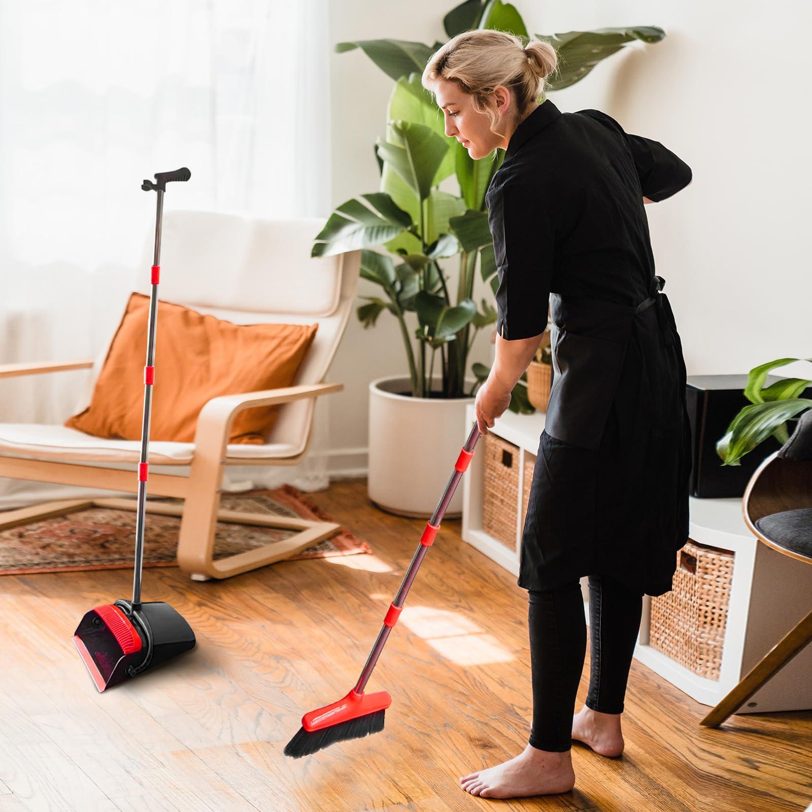 Broom with Dustpan Combo Set 54" Long Handle Adjustable Length Stainless Steel Broomstick Standing Dust Pan and Broom Set for Office Home Kitchen Lobby Floor Cleaning (Red and Black) - Image 2