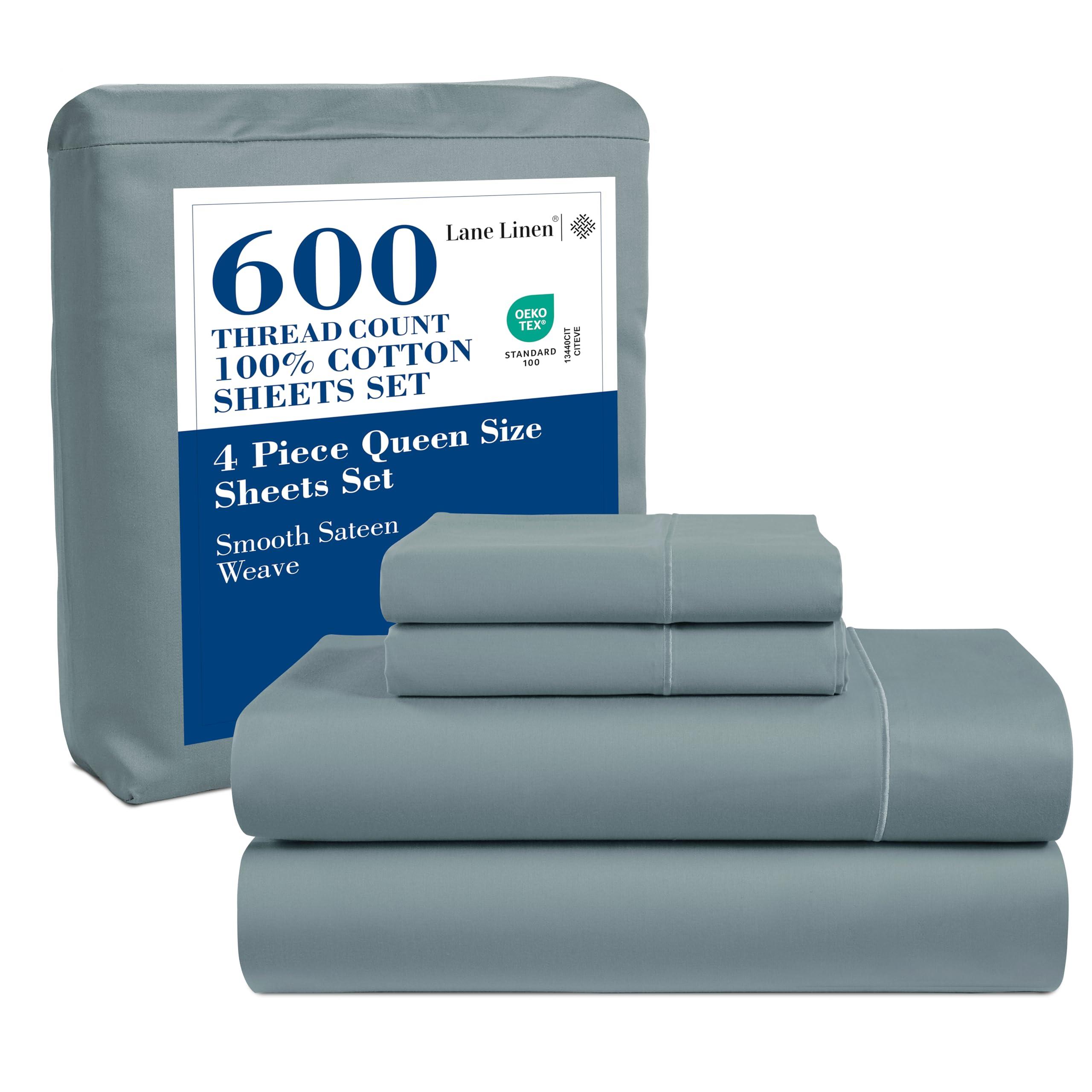 LANE LINEN 600 TC 100% Cotton Queen Sheets, Deep Pocket Comfy & Cooling Sateen Weave, Fully Elasticized Hotel Style Thick Sheet, Mercerized 4 Pc Queen Size Bedding Set, Ultra Soft - Blue Sheet Set