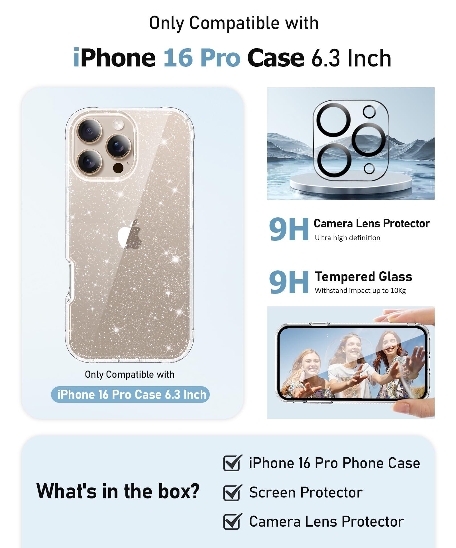 MIODIK for iPhone 16 Pro Case Clear Glitter, with Screen Protector + Camera Lens Protector, [Non-Yellowing] Shockproof Protective Phone Case, Women Girl Cover for iPhone 16Pro 6.3" - Sparkle Clear - Image 2