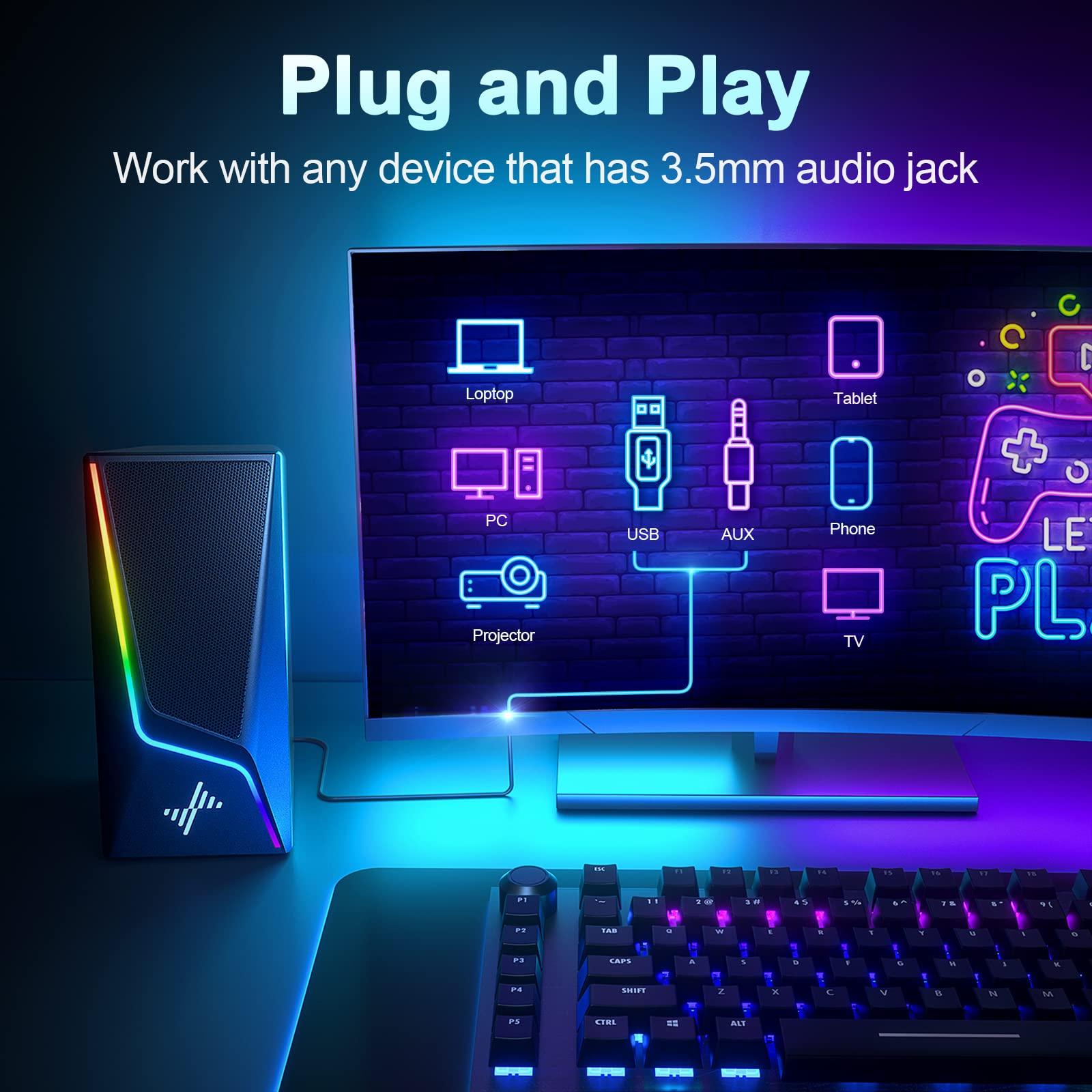 Computer Speakers, PC Speakers with 6 Lighting Modes, USB Powered Computer Speakers for Desktop Monitor with 2 Bass-Boost Ports, 2 Speaker Units, and 3.5mm Aux-in Cable for PC, Laptop, Tablet, Phone - Image 5