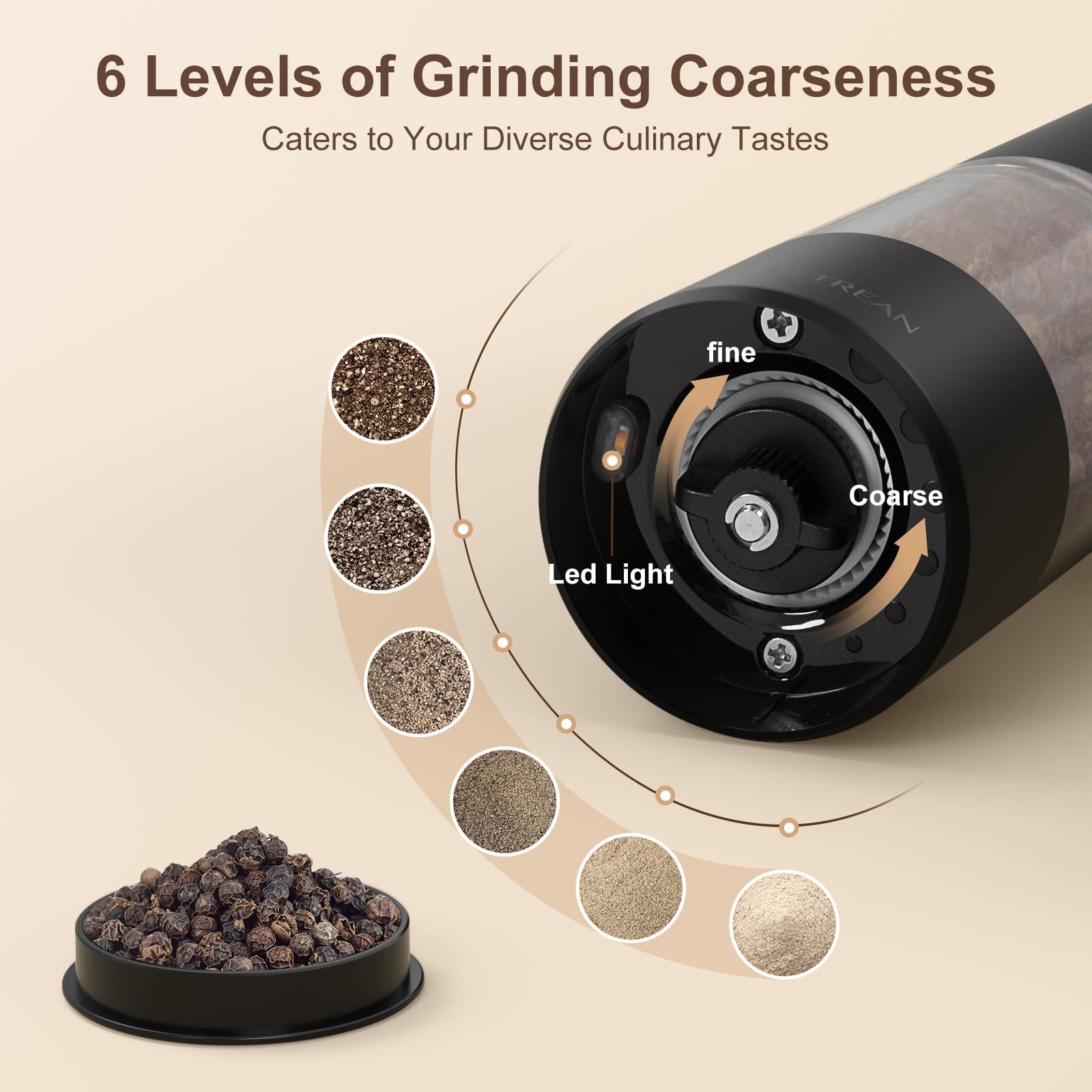 Ultrean Pepper Grinder, Rechargeable Salt and Pepper Grinder with 6 Adjustable Coarseness, LED Light, One-Hand Automatic Operation, Black - Image 3