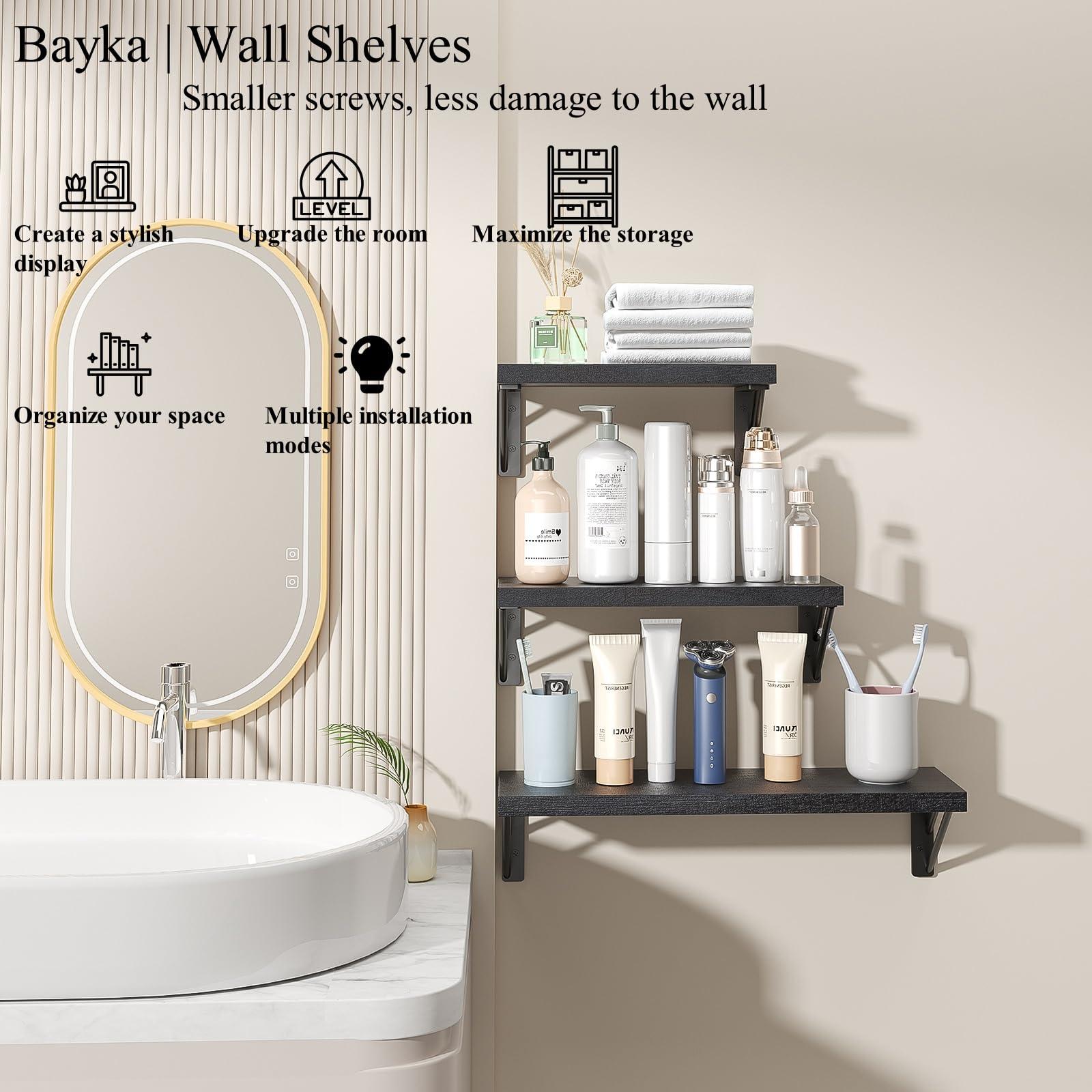 BAYKA Wall Shelves for Bedroom Decor, Floating Wall Shelves for Living Room Kitchen Storage, Wall Mounted Rustic Wood Floating Shelves for Kids Books, Corner Shelves for Bathroom, Office(Set of 3) - Image 8